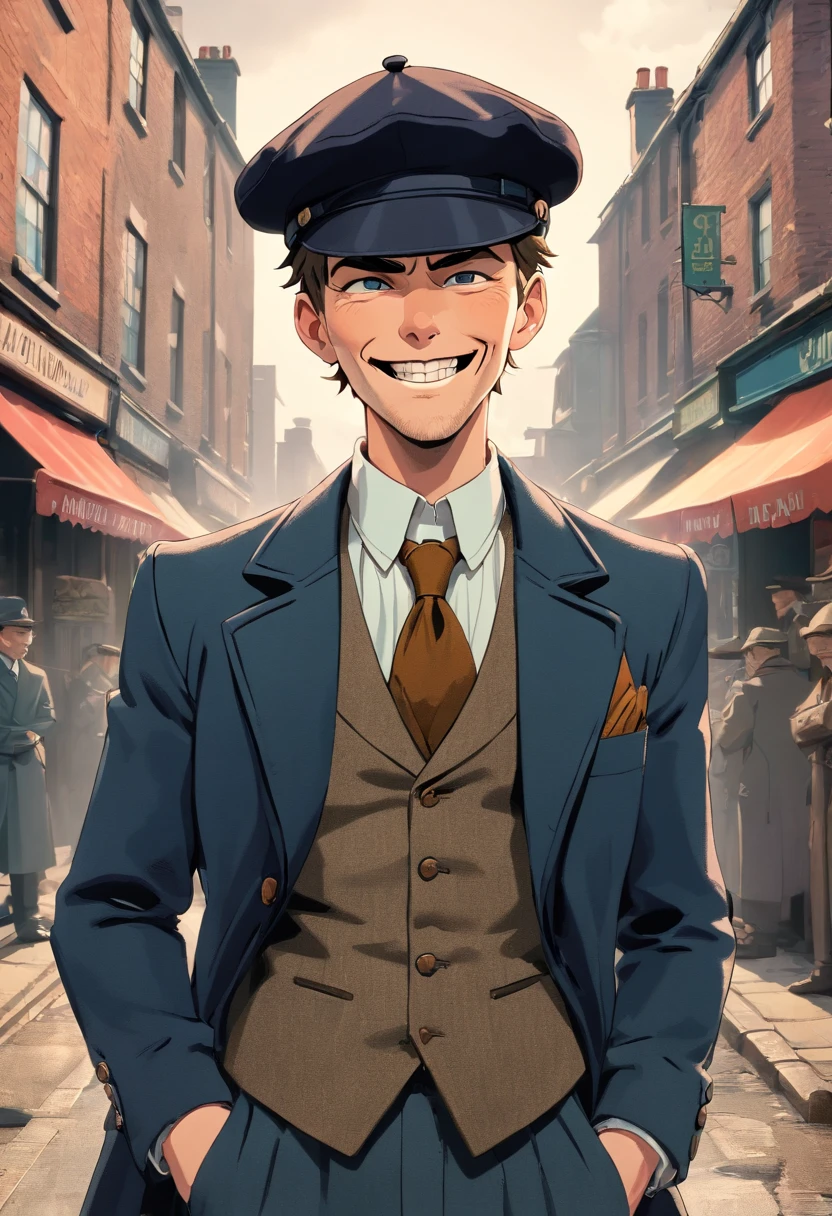 photo of (TCr3ws:1), a man as a Peaky blinder, (laughing with bare teeth:1.3), (face focus), modelshoot style, (extremely detailed CG unity 8k wallpaper), Intricate, High Detail, Sharp focus, dramatic, photorealistic painting art by midjourney and greg rutkowski , (walking on the slums of London), (wearing a peaked cap:1.1), (detailed pupils:1.2), (dinamic pose:1.2), (Peaky Blinders:1.2), (holstered gun), (hands on hips:1.2), (closeup:1.1)