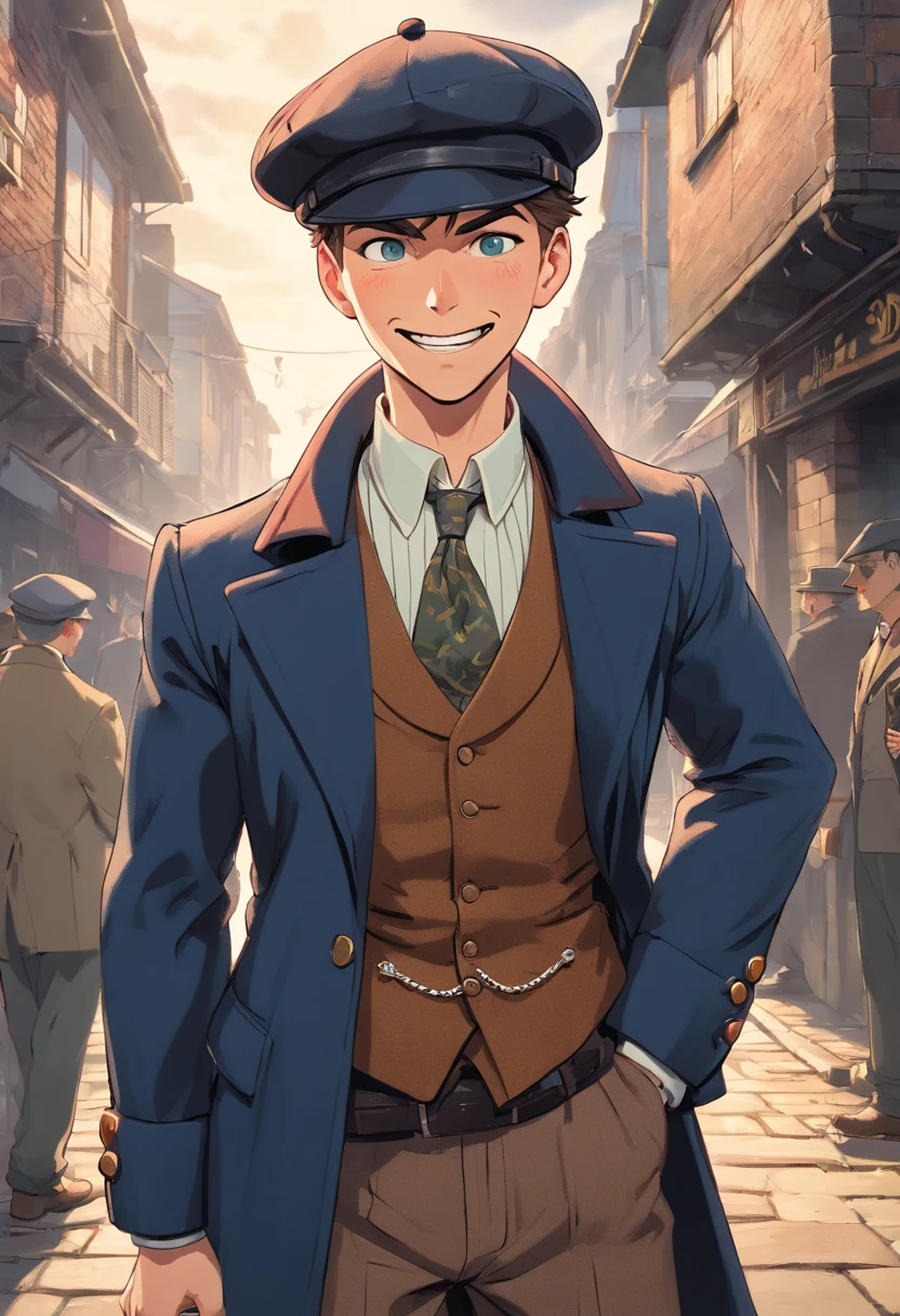 photo of (TCr3ws:1), a man as a Peaky blinder, (laughing with bare teeth:1.3), (face focus), modelshoot style, (extremely detailed CG unity 8k wallpaper), Intricate, High Detail, Sharp focus, dramatic, photorealistic painting art by midjourney and greg rutkowski , (walking on the slums of London), (wearing a peaked cap:1.1), (detailed pupils:1.2), (dinamic pose:1.2), (Peaky Blinders:1.2), (holstered gun), (hands on hips:1.2), (closeup:1.1)