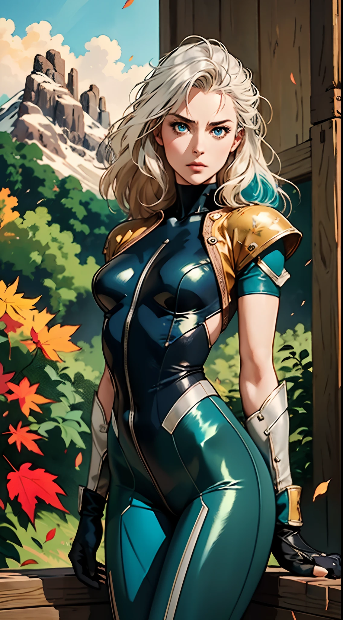 A middle-aged beautiful woman, long platinum-blond hair, neatly combed hair, a square face, a serious expression, sharp eyes, tall figure, a dark fantasy-realistic style bodysuit, short sleeve, a silver-white chestplate, gloves with metal accessories, three metal blades extending from the gloves, tight-fitting pants that match the bodysuit, silver-white metal shin guards, boots, the background is a mountain forest at night, with falling leaves, this character embodies a finely crafted fantasy-realistic style assassin in anime style, characterized by an exquisite and mature manga illustration art style, high definition, best quality, highres, ultra-detailed, ultra-fine painting, extremely delicate, professional, anatomically correct, symmetrical face, extremely detailed eyes and face, high quality eyes, creativity, RAW photo, UHD, 8k, Natural light, cinematic lighting, masterpiece-anatomy-perfect, masterpiece:1.5