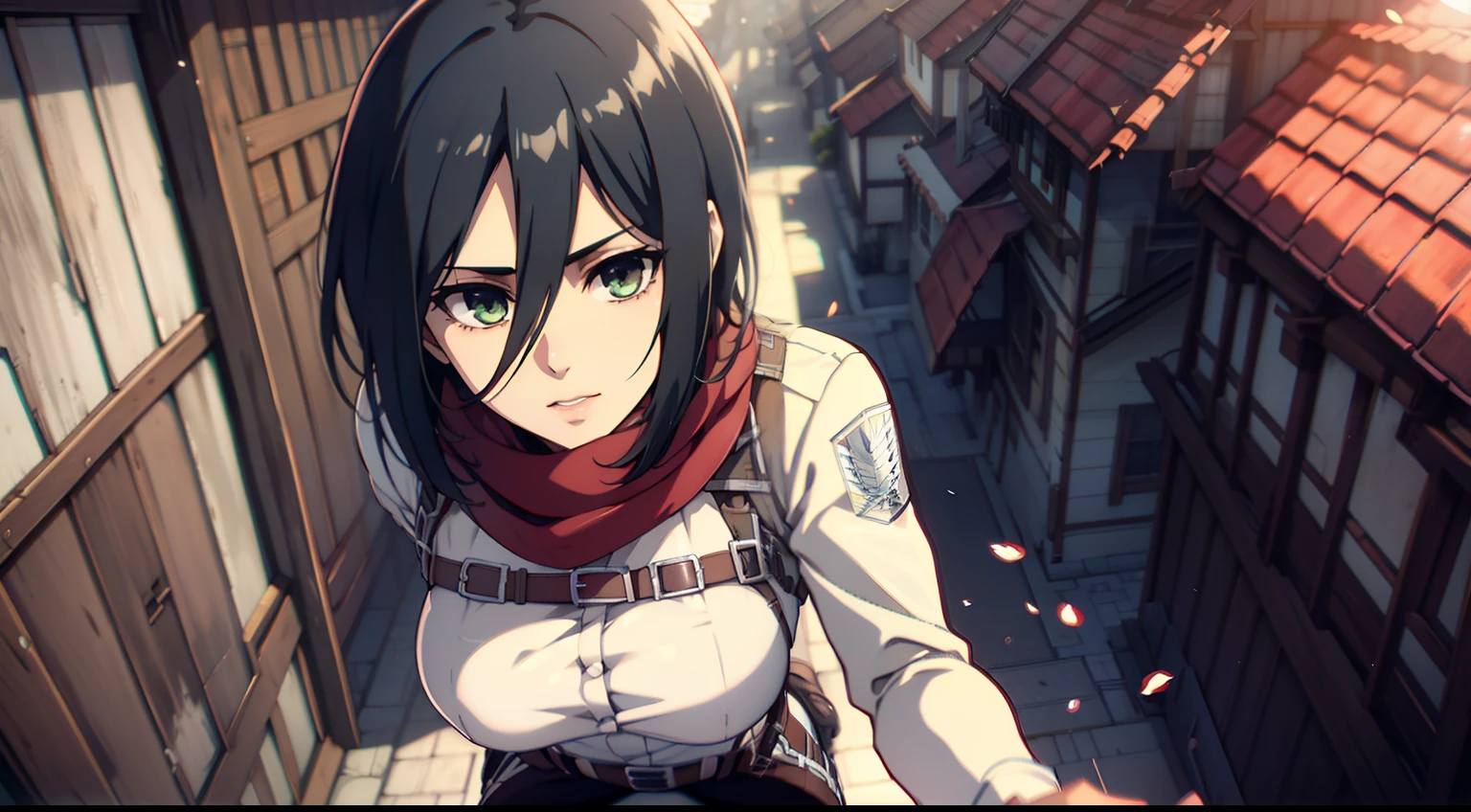Frame from below, Photo below, view from bottom, Sexy, combat stance, half naked, shirt unbuttoned, Hesitate, Erotica, Super Epic Composition, aot style, Shingeki no Kyojin, mikasa ackerman, 1girl, in full height (Body Full 1.1), Hand strap, quiff, black hair, Black pants, 가슴, green colored eyes, Hair between the eyes, turnstile, long sleeves, looks at the viewer, Average Breasts,, breeches, red scarf, a scarf, Shirt, Short Hair Hair, Roof of the city, roof, Sun, In the air, Holds blades in his hands, jump, Smoke, 独奏, hip belt, white shirt, Scientific Research Building \(Emblem\), ((tmasterpiece)), beste-Qualit, Sex, hooligan, waist, legsupms, buttocks, 가슴, (Body Full 1.1), Camera from above, Frame from above, the night, Lights, looks at the viewer, ssmile, grin, criminal, laughting, Cool anime 8K, Clean and detailed anime art, 4K Manga Wallpapers, Подробный портрет Anime Girl, Anime 4K Style, Anime Art Wallpapers 4K, Anime Art Wallpaper 4K Masterpiece, Gorgeous, Best Quality,
