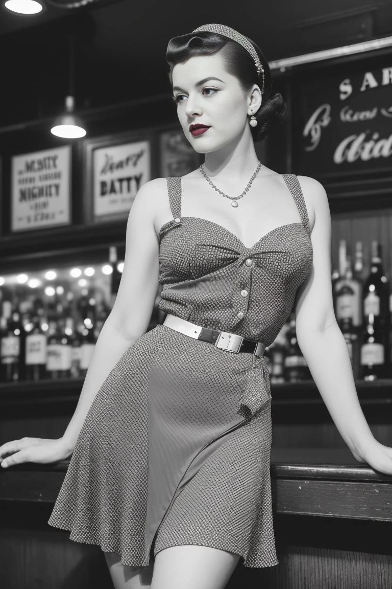 full body portrait of Betty (styled in a 1940's, Sailor Dress, highly detailed:1.3), (highly detailed face:1.8), (1940's Pompadour Hairstyle:1.3), (slim body, small breasts, small hips:1.5), (leaning back on the bar:1.5), (background inside a dark, old, 1940's big-band bar:1.4), (soft studio lighting, volumetric shadows), JCH Street Pan, ISO 100