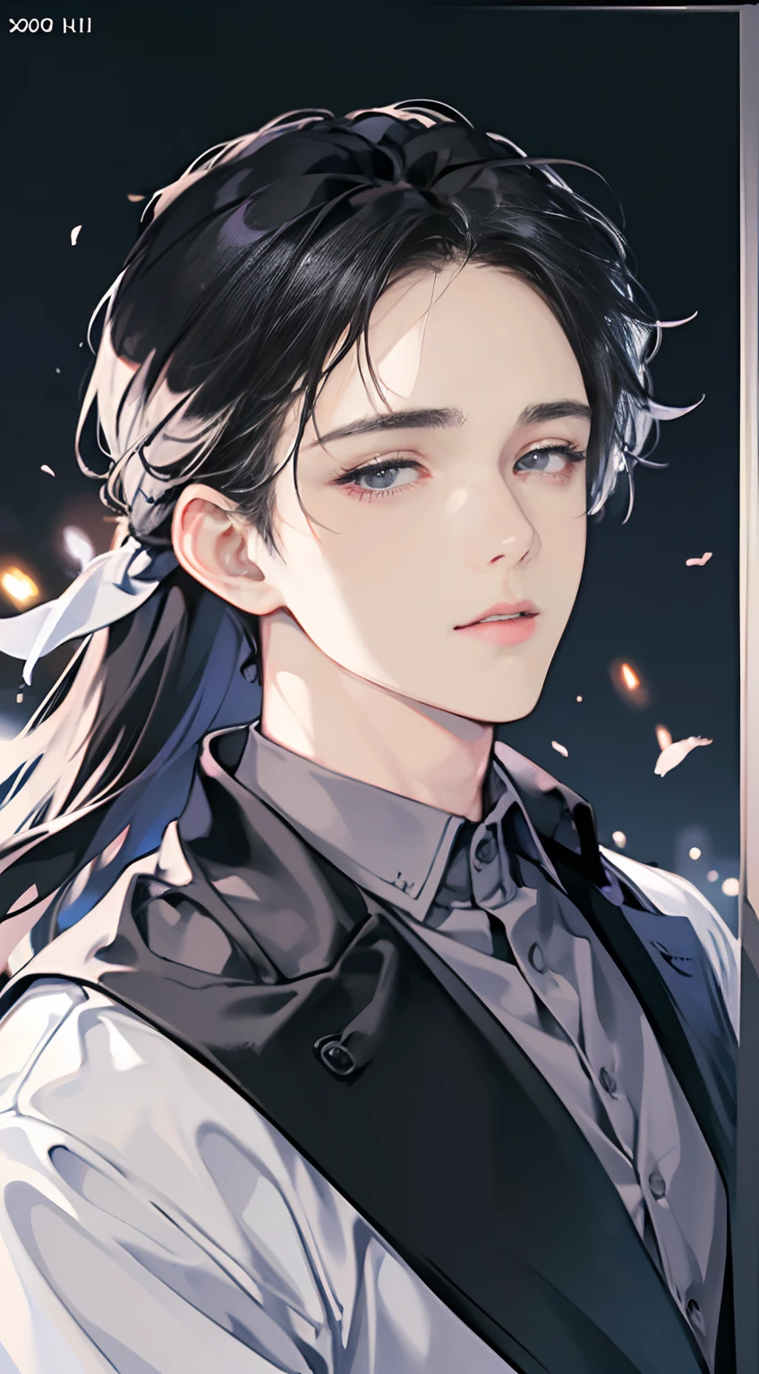 (Best Quality Digital Art Digital Illustration 4K High Resolution Beautiful Images Ultra-detailed images Perfect lines Soft lighting Night environment focus Soft zoom on faces) (1:1 Reality) (Neutral HDR 1.4) A young adult man (thoughtful expression) black & White modern outfit with black eyes and medium brunette