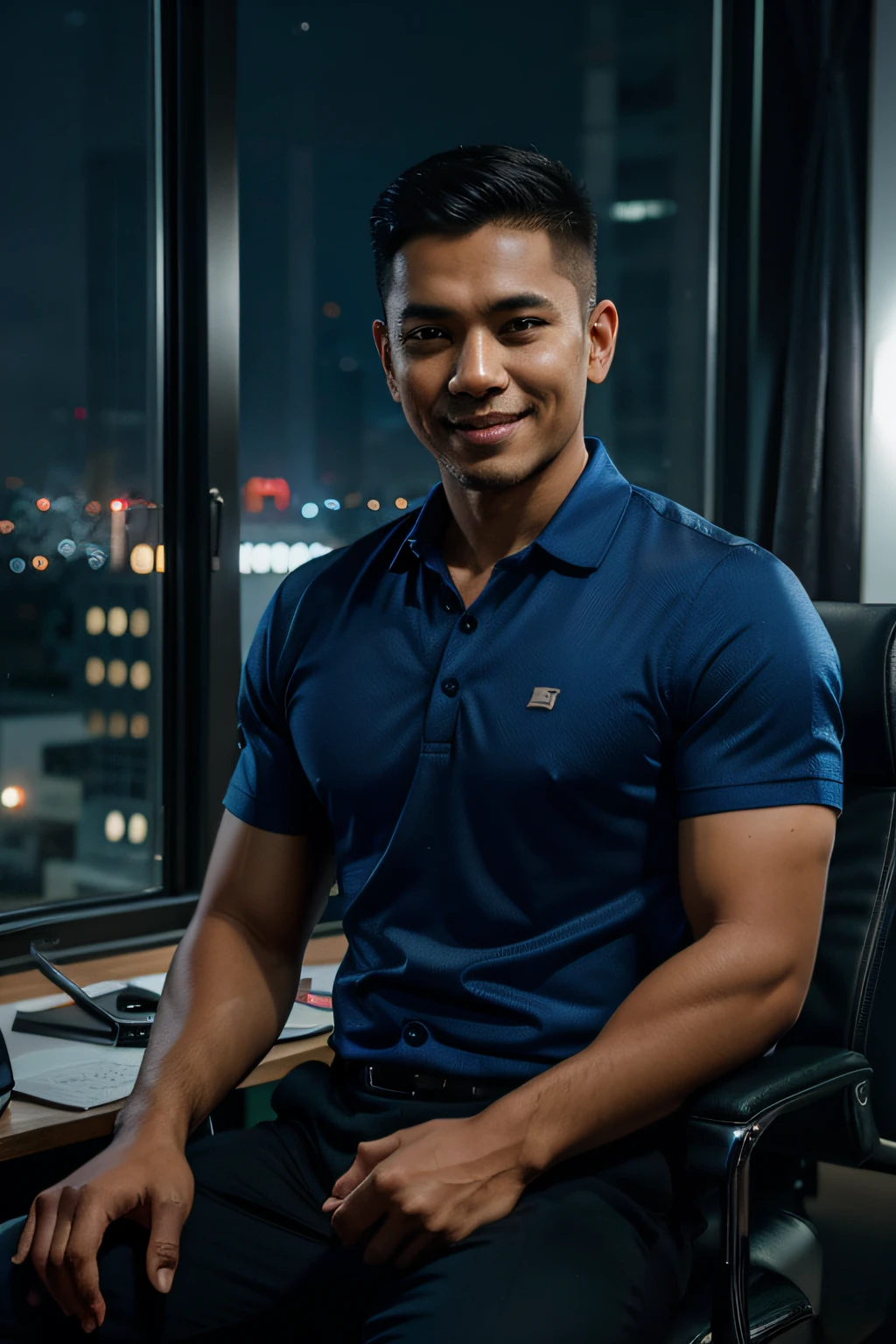 an indonesian handsome man, a handsome man sitting in the office,crew cut,business suit,windows,cityscape,full body,mature male,,best quality, 50mm f/2.8, photography  and GQ magazine, trending on flickr masterpiece, high resolution, best quality,, realistic, realistic photo, movie photo, ultra realistic, 1 person, detailed, perfect lighting, DSRL, professional photo, 4k ,Blue lighting,smile