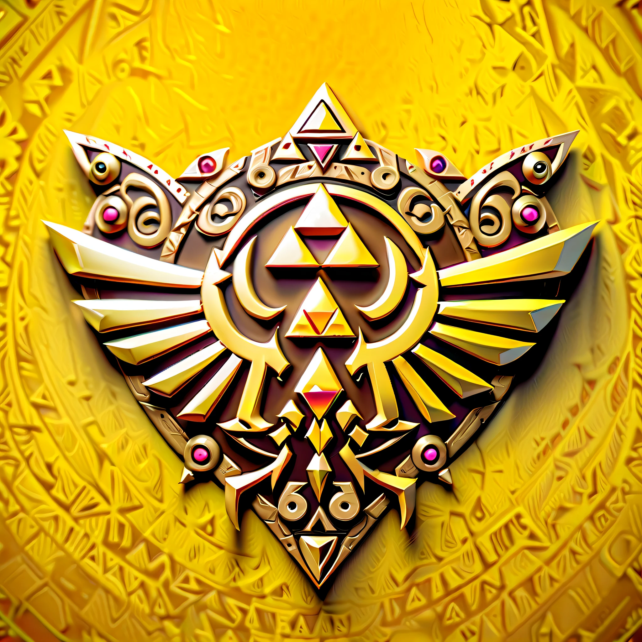 Legend of Zelda logo character of Princess Zelda, 3-triangle craft yellow-Triforce symbol background, rich colors, (((intricate details:1.3))), (((extremely details:1.3))), (((highly quality:1.3))), (((true masterpiece:1.1))), crisp clarity that is unmatched digital paint, (((radiosity rendered in stunning 32k resolution:1.3))),