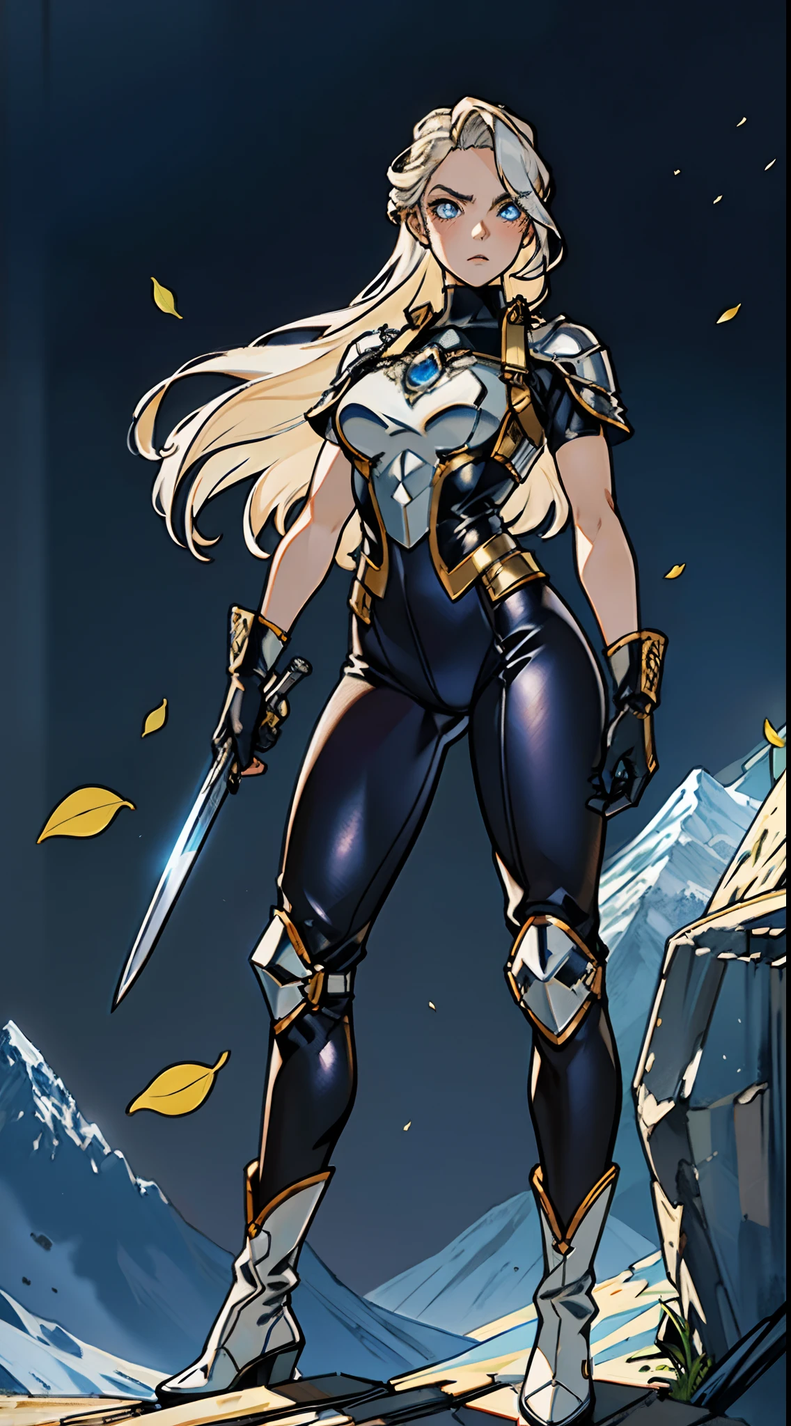 A middle-aged beautiful woman, long platinum-blond hair, neatly combed hair, a square face, a serious expression, sharp eyes, tall figure, a dark fantasy-realistic style bodysuit, short sleeve, a silver-white chestplate, gloves with metal accessories, three metal blades extending from the gloves, tight-fitting pants that match the bodysuit, silver-white metal shin guards, boots, the background is a mountain forest at night, with falling leaves, this character embodies a finely crafted fantasy-realistic style assassin in anime style, characterized by an exquisite and mature manga illustration art style, high definition, best quality, highres, ultra-detailed, ultra-fine painting, extremely delicate, professional, anatomically correct, symmetrical face, extremely detailed eyes and face, high quality eyes, creativity, RAW photo, UHD, 8k, Natural light, cinematic lighting, masterpiece-anatomy-perfect, masterpiece:1.5