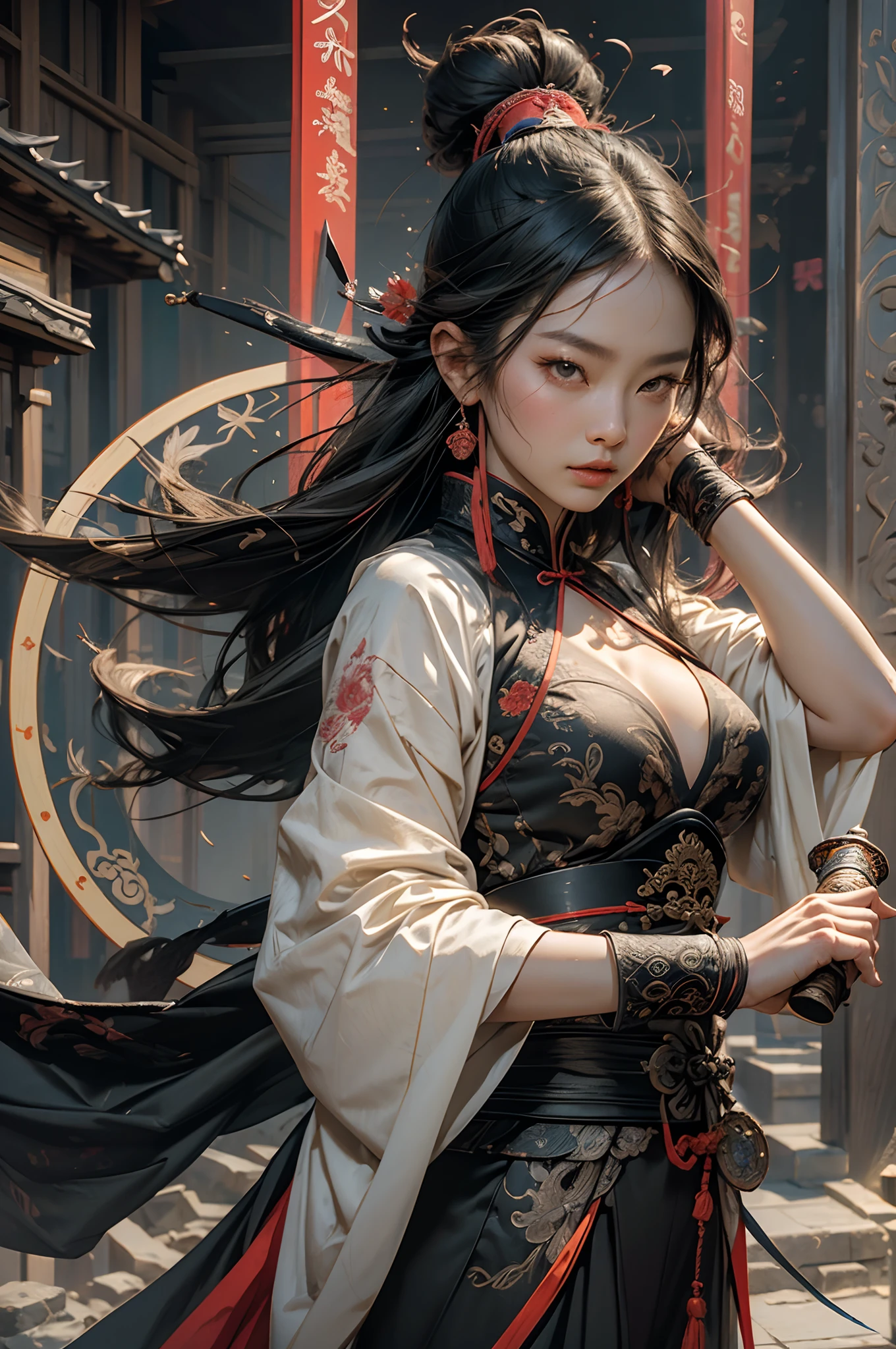 Best quality,Masterpiece,超高分辨率,(Photorealistic:1.4),xiuxian,arma,Detailed face,, 1girll,Solo,arma,cleavage,(Magical Circle:1.2),xiuxian,Upper body,Beautiful girl,full bodyesbian,east asian architecture,sword sheath,architecture,