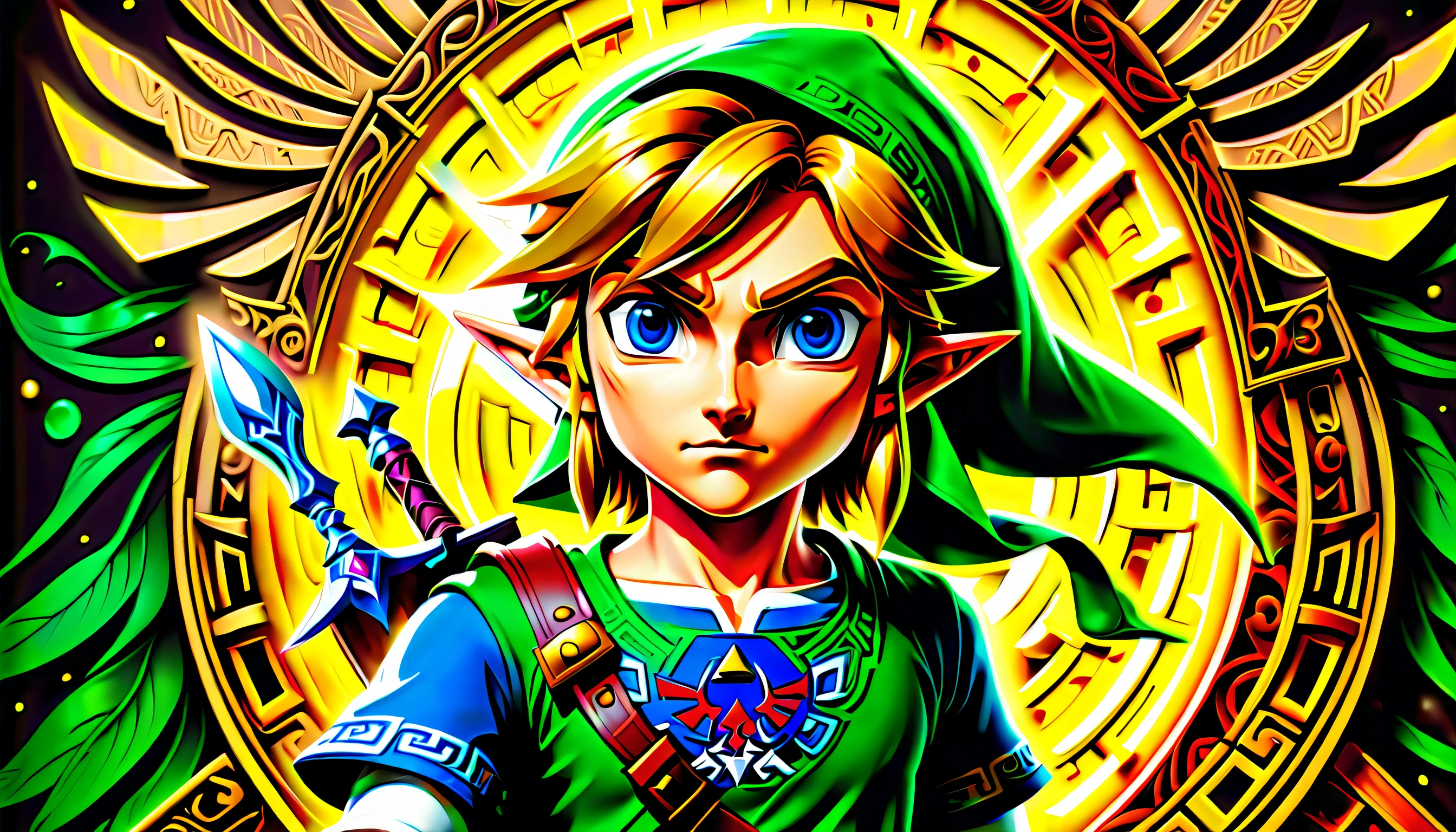 Legend of Zelda character of Link gouache paint illustration, beautiful detail glow, smooth and flowless skin, legend of Zelda logo of masterfully executed wall mural background intricate detail, strong eyes, dynamic angle, rich colors, (((intricate details:1.3))), (((extremely details:1.3))), (((highly quality:1.3))), (((true masterpiece:1.1))), crisp clarity that is unmatched digital paint, (((radiosity rendered in stunning 32k resolution:1.3))), overall atmosphere of fear and dread, beauty and intricacy details, (((rendered in full rich color against a backdrop of radiating glowing:1.3))).