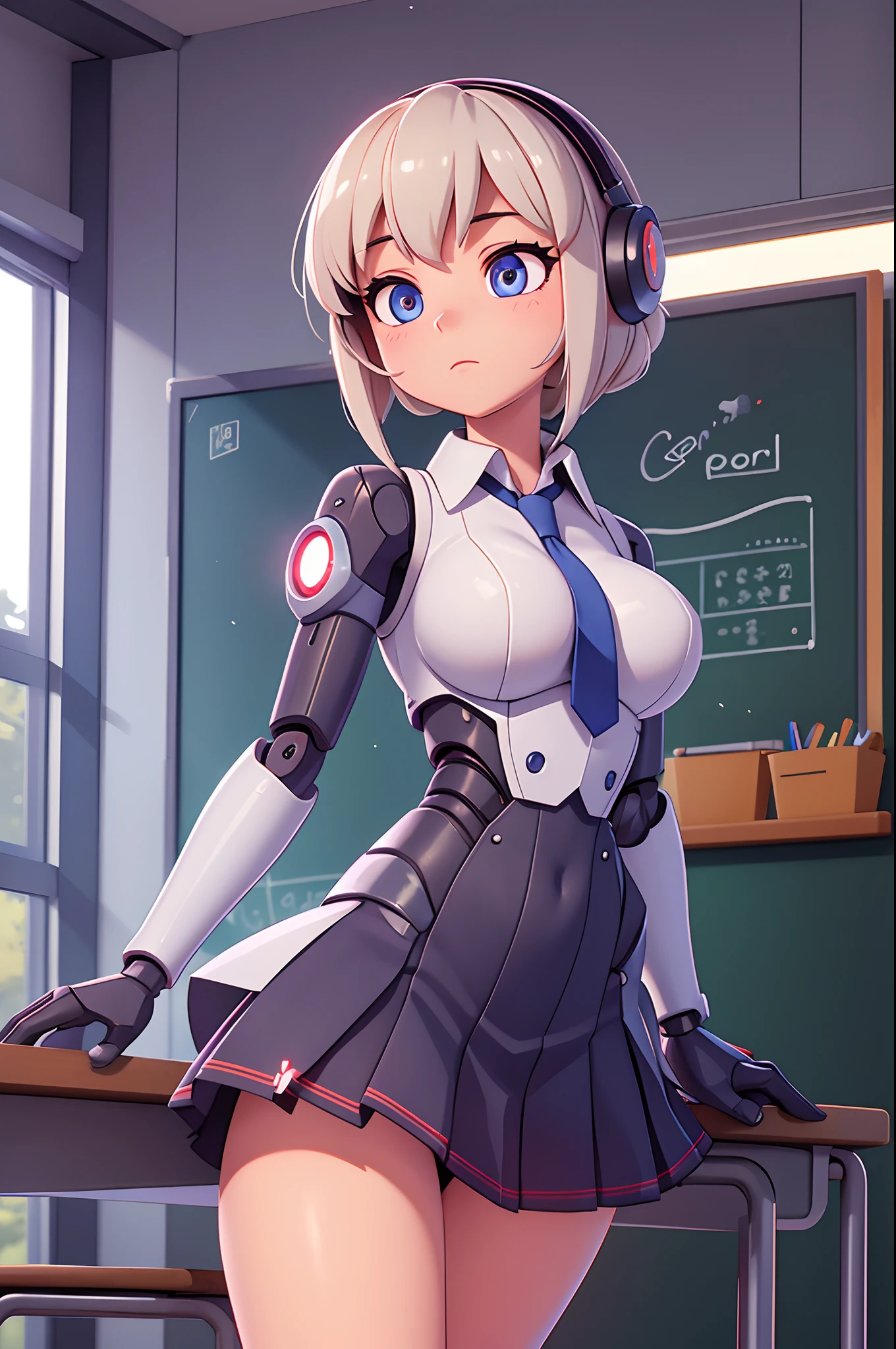 gynoid girl, class, classroom, school, robot joints, glowing eyes,