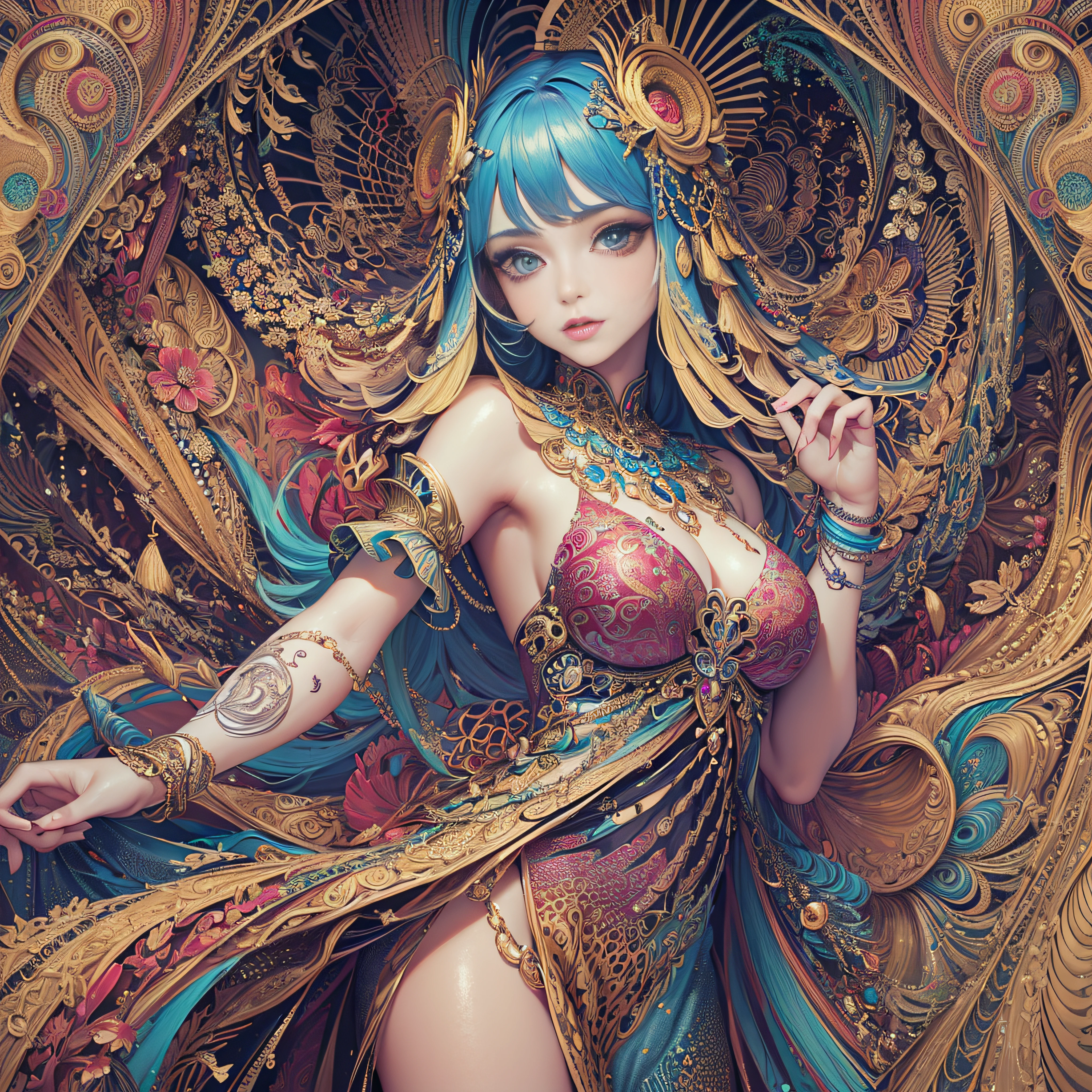(masterpiece, top quality, best quality, official art, beautiful and aesthetic:1.2), (1girl:1.3), extremely detailed,(fractal art:1.2),colorful,highest detailed,(zentangle:1.2), (dynamic pose), (abstract background:1.5), (treditional dress:1.2), (shiny skin), (many colors:1.4), upper body