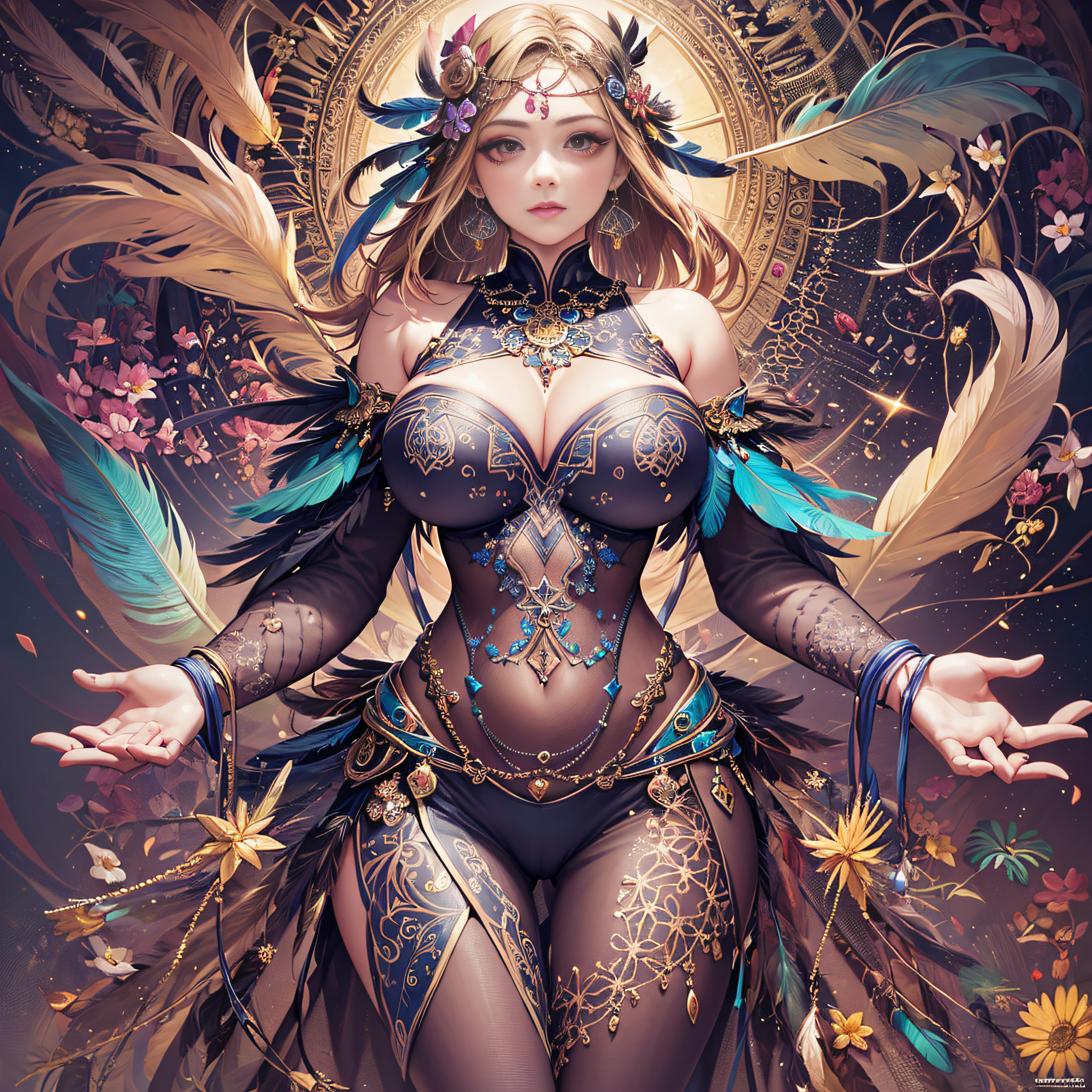 girl with, Big breasts, Bare shoulders, Blonde hair, colorful feather, metal ornaments, Colorful flowers, Particle, light, (masutepiece, of the highest quality, Best Quality, Official art, Beautiful and aesthetic:1.2), (1girl in:1.3), Extremely detailed, (Fractal Art:1.1), ( Colorful:1.1)(Flowers:1.3),highest details,(Zentangle:1.2), (Dynamic Pose), (Abstract background:1.3), (Shiny skin), (Many colors:1.4), (earrings:1.4), (Feathers:1.4), Full body image