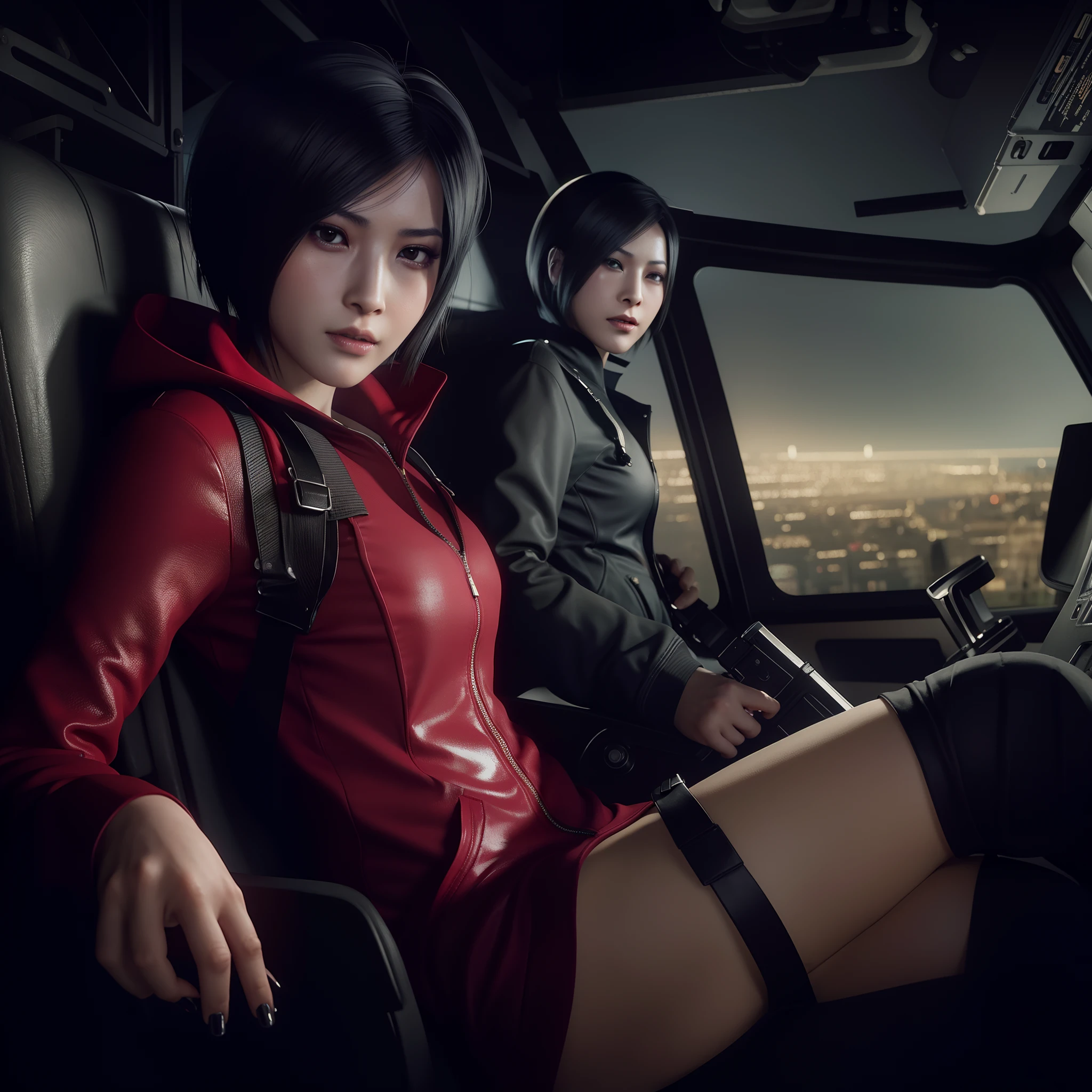 Ada wong, beautiful face, bob hair, perfect Face, wearing mini red dress hoody, wearing hoody, black nail polish, embarrassed expression, little smile