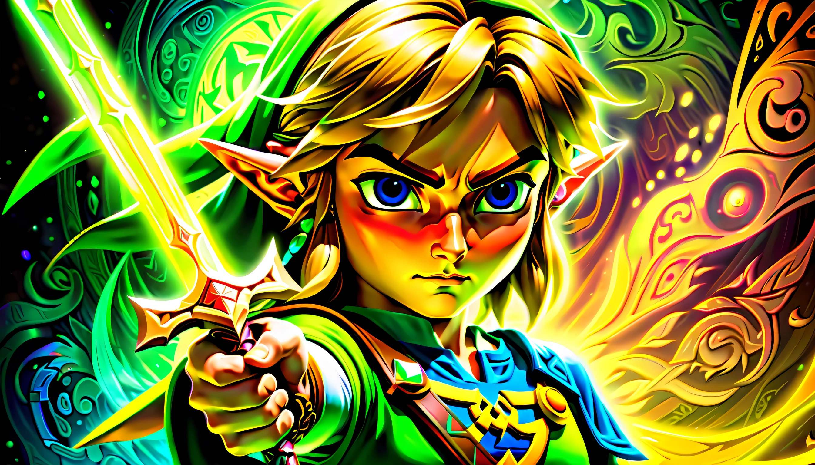 Legend of Zelda character of Link oil paint illustration, beautiful detail glow, smooth and flowless skin, (((hauntingly beautiful power and wisdom and courage with aura:1.4))), legend of Zelda logo of masterfully executed wall mural background intricate detail, strong eyes, dynamic angle, rich colors, (((intricate details:1.3))), (((extremely details:1.3))), (((highly quality:1.3))), (((true masterpiece:1.1))), crisp clarity that is unmatched digital paint, (((radiosity rendered in stunning 32k resolution:1.3))),  overall atmosphere of fear and dread, beauty and intricacy details, (((rendered in full rich color against a backdrop of radiating glowing:1.3))).