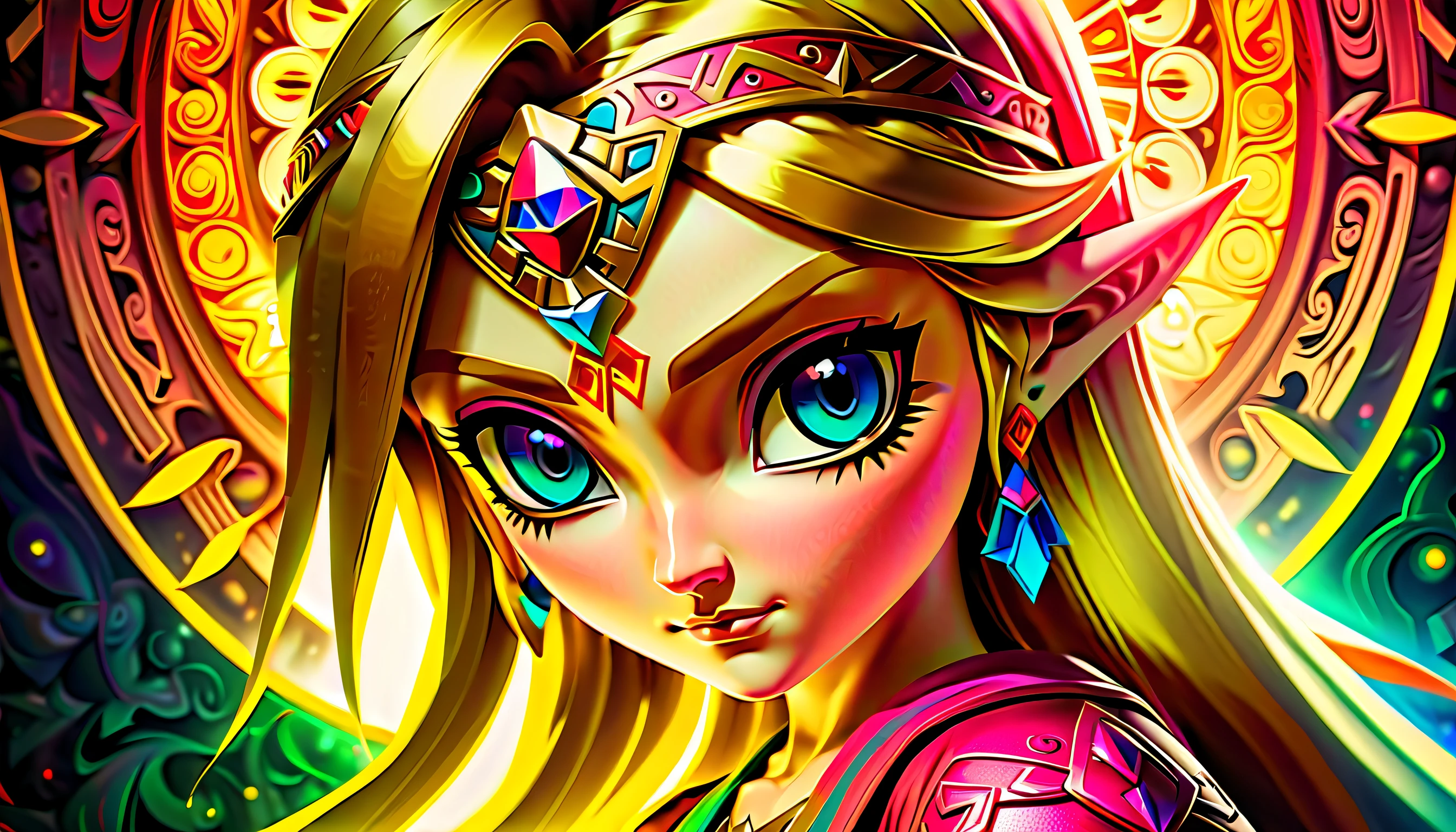 Legend of Zelda character of Princess Zelda oil paint illustration, beautiful detail glow, smooth and flowless skin, hauntingly beautiful crimson love with aura of holy, legend of Zelda logo of masterfully executed wall mural background intricate detail, strong eyes, dynamic angle, rich colors, (((intricate details:1.3))), (((extremely details:1.3))), (((highly quality:1.3))), (((true masterpiece:1.1))), crisp clarity that is unmatched digital paint, (((radiosity rendered in stunning 32k resolution:1.3))),  overall atmosphere of fear and dread, beauty and intricacy details, (((rendered in full rich color against a backdrop of radiating glowing:1.3))).