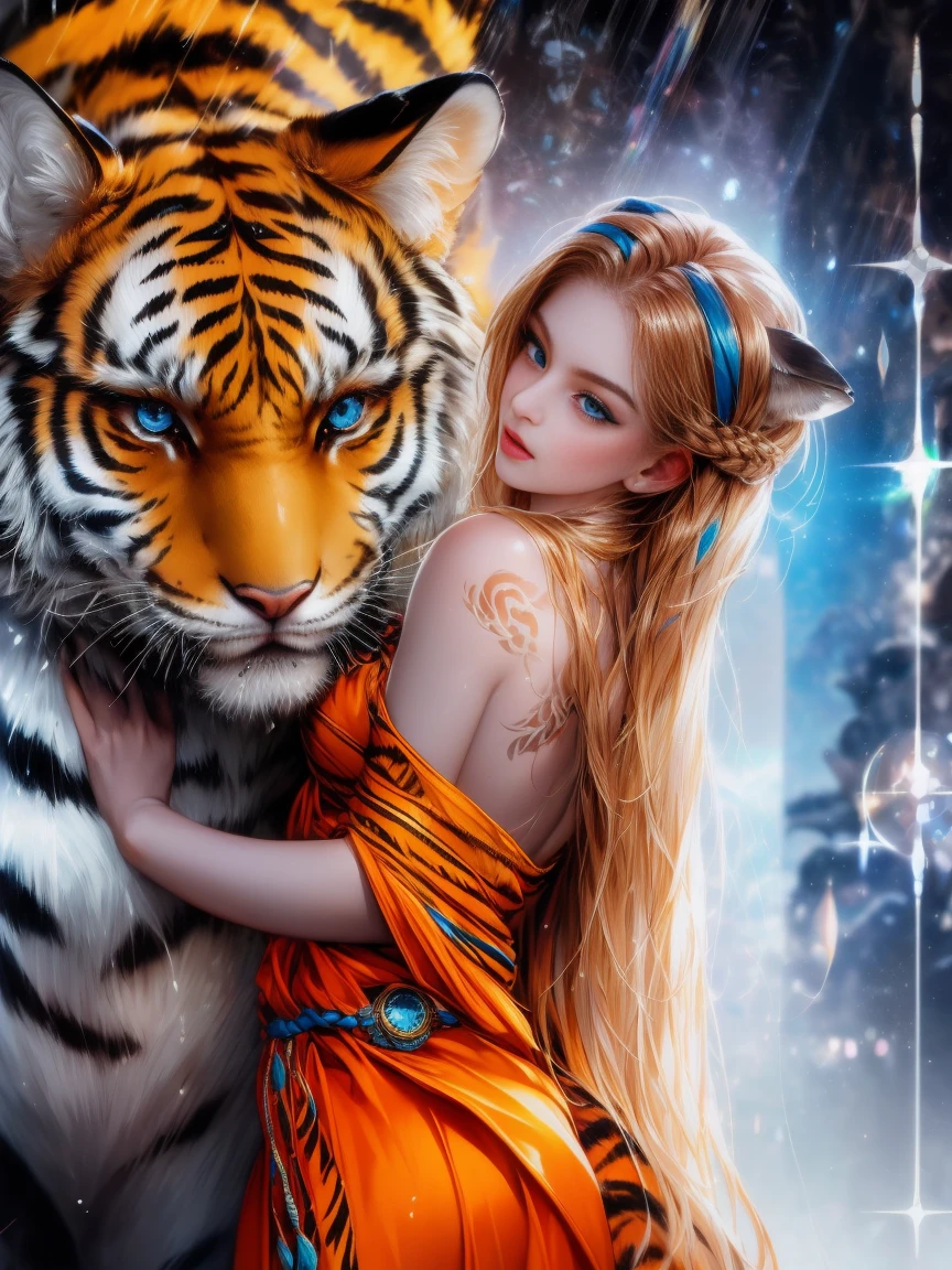 masterpiece, Cowboy shot, (1woman), (1 Tiger), (tribal dress:1.2), (beautiful blue eyes), (tribal fox tattoo), white, orange and blue colors, foggy background, dynamic pose, (looking at viewer), (front view), (from sky), (bokeh:1.2)