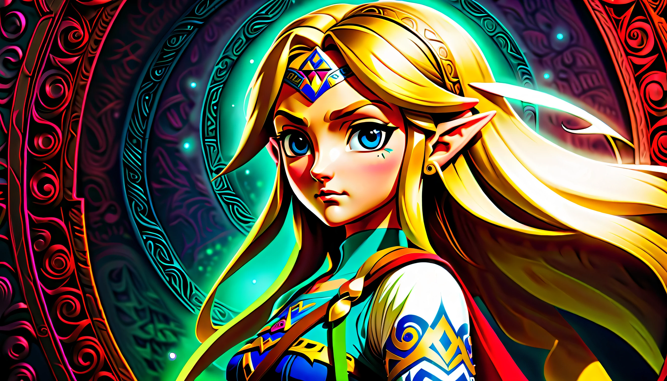 Legend of Zelda character of Princess Zelda gouache paint illustration, beautiful detail glow, smooth and flowless skin, a heartfelt wish to believe in the future, hauntingly beautiful crimson love with aura of holy, legend of Zelda logo of masterfully executed wall mural background intricate detail, strong eyes, dynamic angle, rich colors, (((intricate details:1.3))), (((extremely details:1.3))), (((highly quality:1.3))), (((true masterpiece:1.1))), crisp clarity that is unmatched digital paint, (((radiosity rendered in stunning 32k resolution:1.3))), overall atmosphere of fear and dread, (((beauty and intricacy details:1.3))), (((rendered in full rich color against a backdrop of radiating glowing:1.3))).