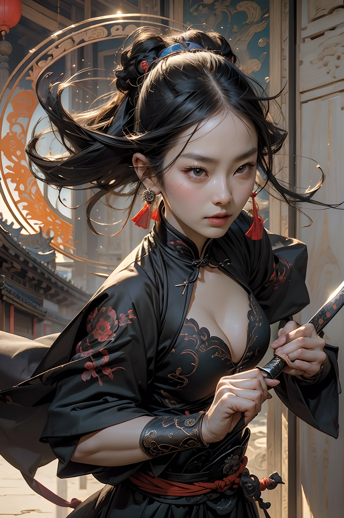 Best quality,Masterpiece,超高分辨率,(Photorealistic:1.4),xiuxian,arma,Detailed face,, 1girll,Solo,arma,cleavage,(Magical Circle:1.2),xiuxian,Upper body,Beautiful girl,full bodyesbian,east asian architecture,sword sheath,architecture,