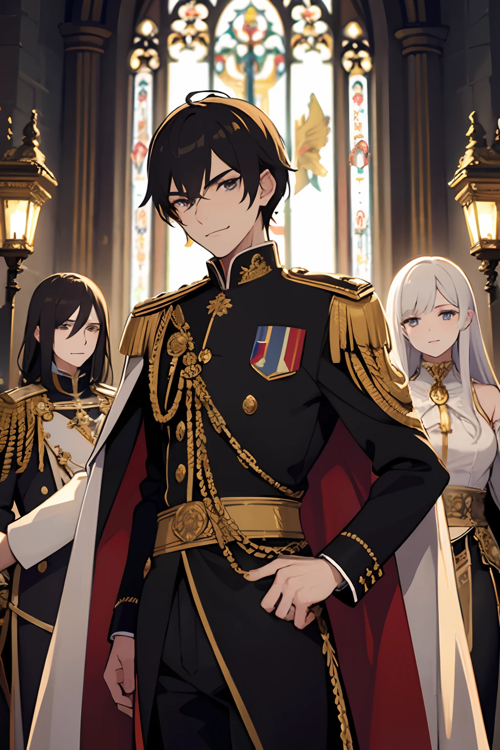 evil prince, dressed in gold clothing with white trim, smug expression, ornate military coat, with a gothic church retinue following him,