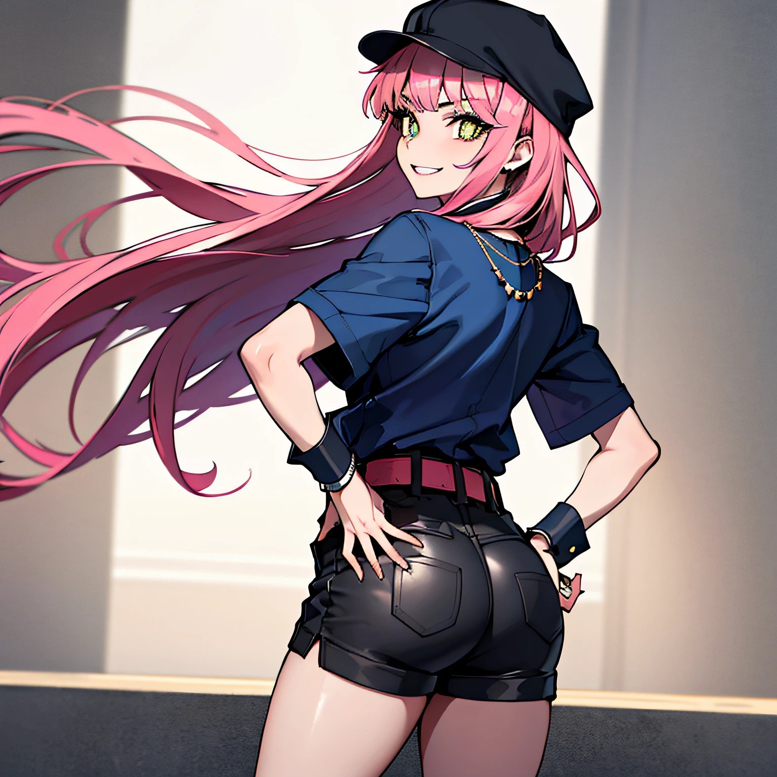 (absurdres, 8k, 4k, masterpiece, hyper extreme detailed:1.2), solo, 1girl, front view, perfect face, 1girl, portrait, expressive eyes, looking at viewer, solo, standing, mature female, pale, adult, looking forward, front view, confident, wind, windy, moving hair, front view, mature body, tomboy, adult, Newsboy Cap, long pink hair, black shorts, yellow belt, waist jacket, dark blue, medium bust, black wrist cuffs, black pupils, dark pink irises, hair down to back, egotistical, powerful, strong, proud, arrogant, ripped clothes, blue newsboy cap, right hand on hip, streetwear, fashionable, crazy face, crazy eyes, crazy smile, right bangs, necklace, butt, back side, back view,
