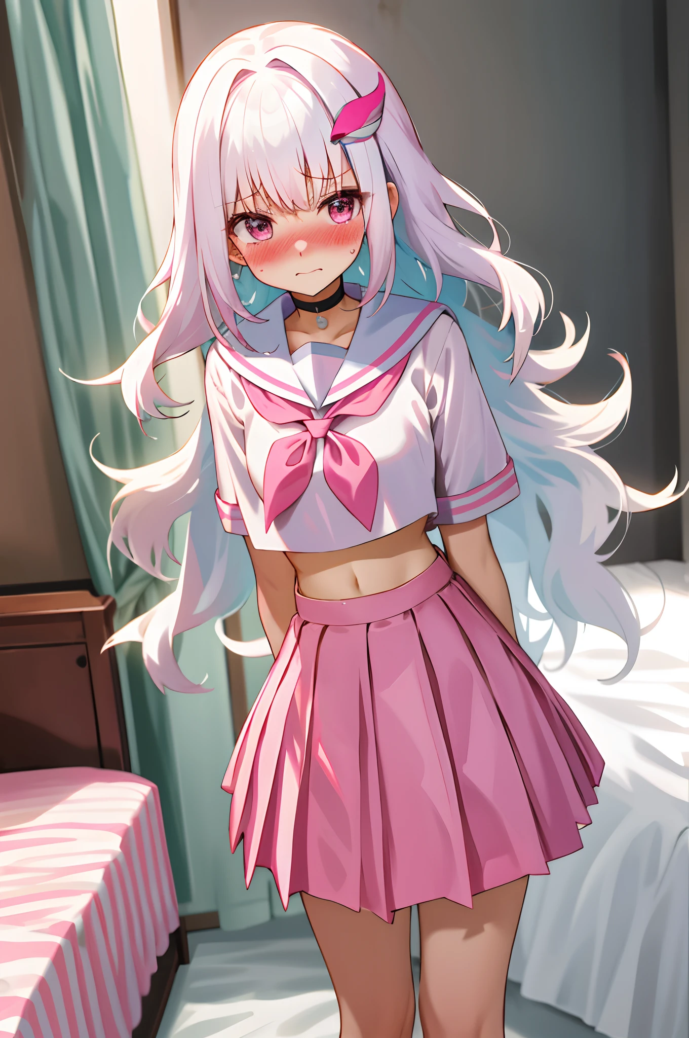 One girl with long wavy hair, white hair, looking at viewer, embarrassed, blushing, tears, indoor , girls bedroom, pink bed, cute girls room, pink sailor uniform, white shirts, pleated skirt , pink skirt, mini skirt, midriff, slim, dizzy, choker, mid-chest, wide hips, perfect waist, bed, sit on, spread legs, day atmosphere, hair ornament, standing