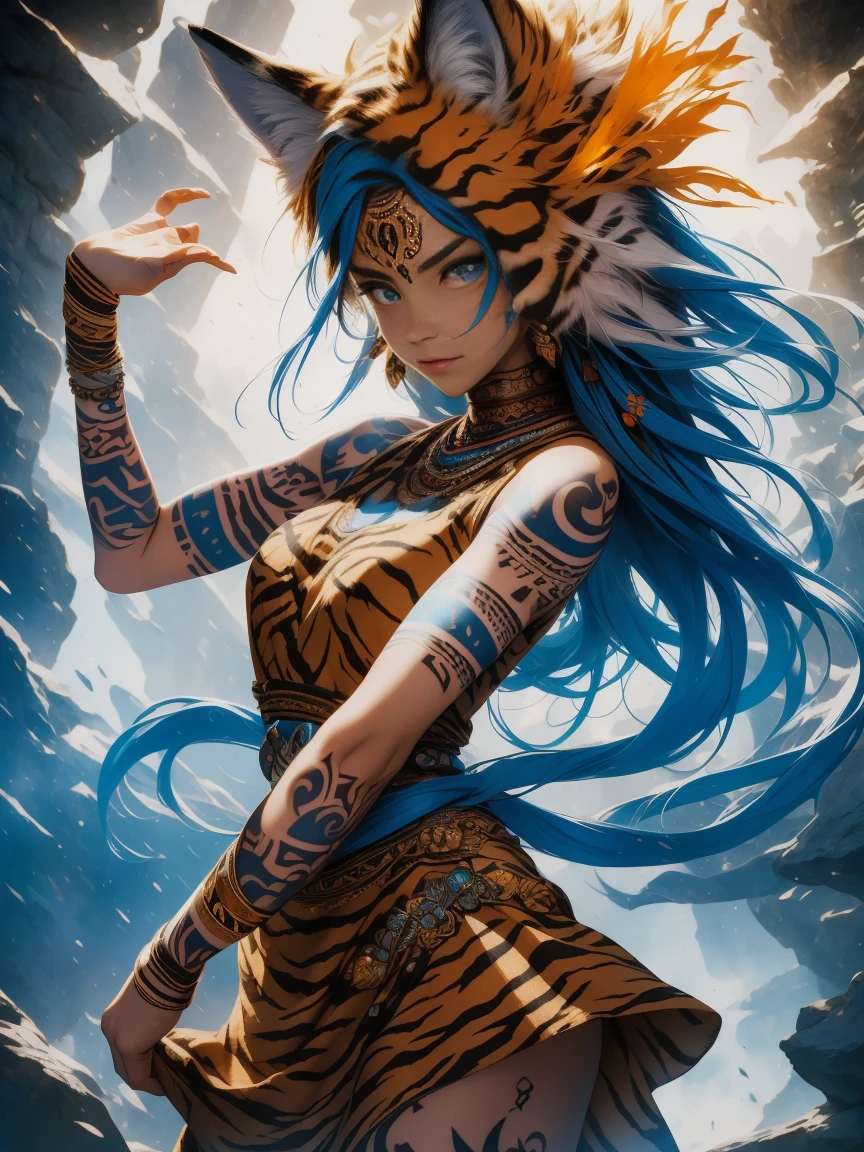 masterpiece, Cowboy shot, (1woman), (1 Tiger), (tribal dress:1.2), (beautiful blue eyes), (tribal fox tattoo), white, orange and blue colors, foggy background, dynamic pose, (looking at viewer), (front view), (from sky), (bokeh:1.2)