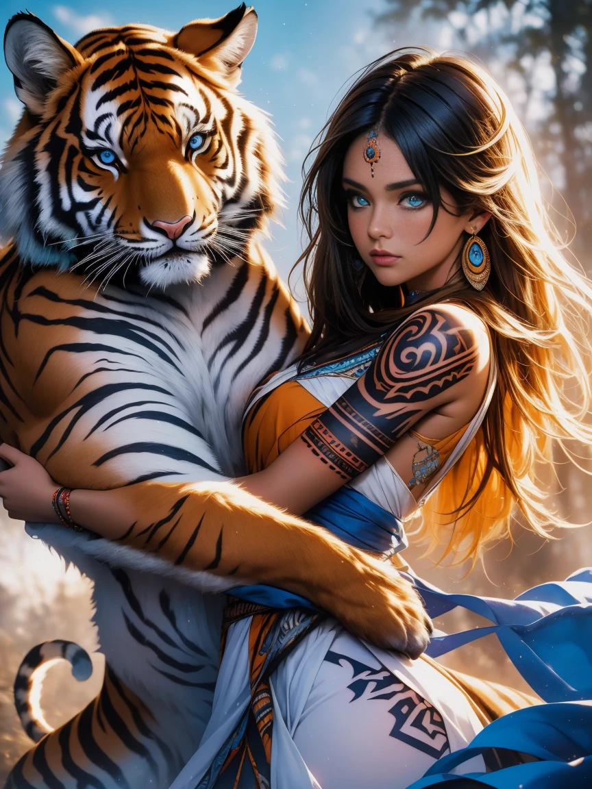 masterpiece, Cowboy shot, (1woman), (1 Tiger), (tribal dress:1.2), (beautiful blue eyes), (tribal fox tattoo), white, orange and blue colors, foggy background, dynamic pose, (looking at viewer), (front view), (from sky), (bokeh:1.2)