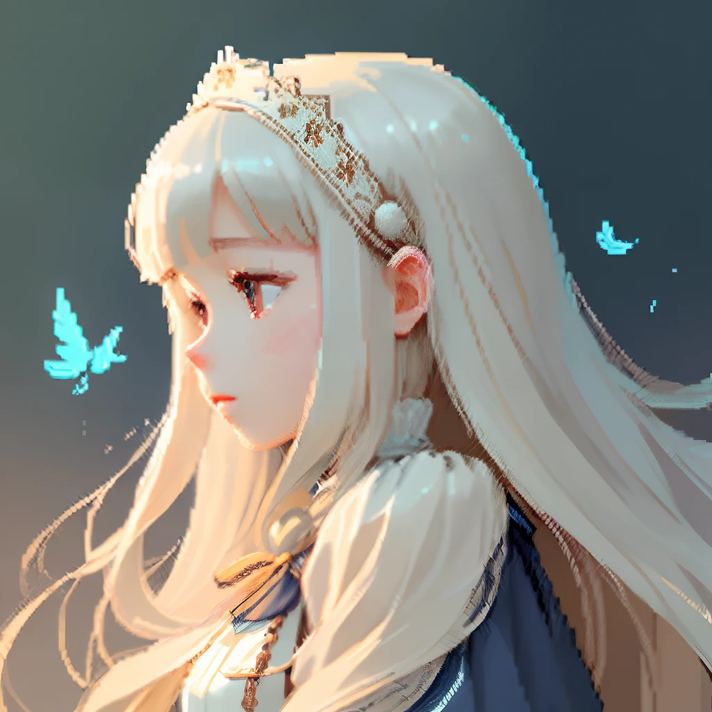Pale light blue antique dress、Beige long-haired girl、Blunt bangs、profile、Pixel art、Pixel Art Illustration、pixels、Plain background、Upper body 、For icons、pixels_Art Book,Composition centered on the face、Straight face、Gothic headdress、pixels、Game-style illustration、Pixel art、pixels、Light shading、Fluttering hair、Back hair fluttering in the wind、pixels