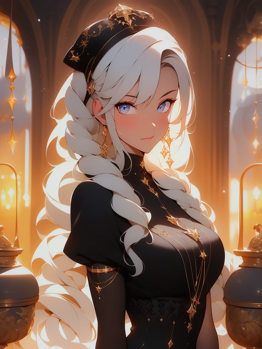 Medium shot, medium shot, depth of field, bust, upper body, cinematic angle, masterpiece, best quality, super detailed, CG, 8K wallpaper, pretty face, delicate eyes, a maiden, solo, white long hair, yellow eyes, hairpin, white shirt, black hooded jacket, black baseball cap, black stockings, black over-the-knee boots, sunset, medieval port, harbor, detailed water surface, sun reflection