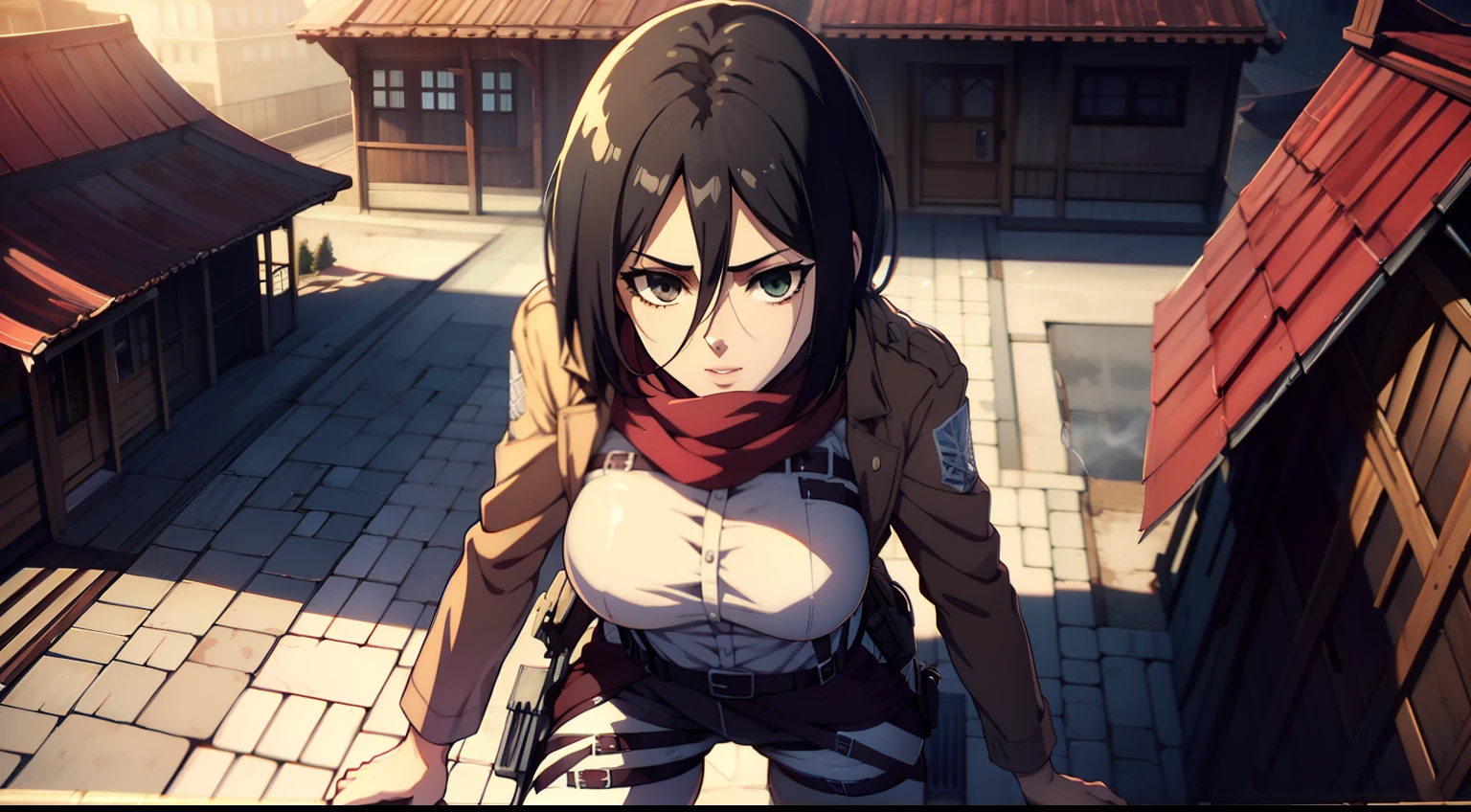 Frame from below, Photo below, view from bottom, Sexy, combat stance, half naked, shirt unbuttoned, Hesitate, Erotica, Super Epic Composition, aot style, Shingeki no Kyojin, mikasa ackerman, 1girl, in full height (Body Full 1.1), Hand strap, quiff, black  hair, Black pants, 가슴, green colored eyes, Hair between the eyes, turnstile, long sleeves, looks at the viewer, Average Breasts,, breeches, red scarf, a scarf, Shirt, Short Hair Hair, Roof of the city, roof, Sun, In the air, Holds blades in his hands, jump, Smoke, 独奏, hip belt, white  shirt, Scientific Research Building \(Emblem\), ((tmasterpiece)), beste-Qualit, Sex, hooligan, waist, legsupms, buttocks, 가슴, (Body Full 1.1), Camera from above, Frame from above, the night, Lights, looks at the viewer, ssmile, grin, criminal, laughting, Cool anime 8K, Clean and detailed anime art, 4K Manga Wallpapers, Подробный портрет Anime Girl, Anime 4K Style, Anime Art Wallpapers 4K, Anime Art Wallpaper 4K Masterpiece, Gorgeous, Best Quality,