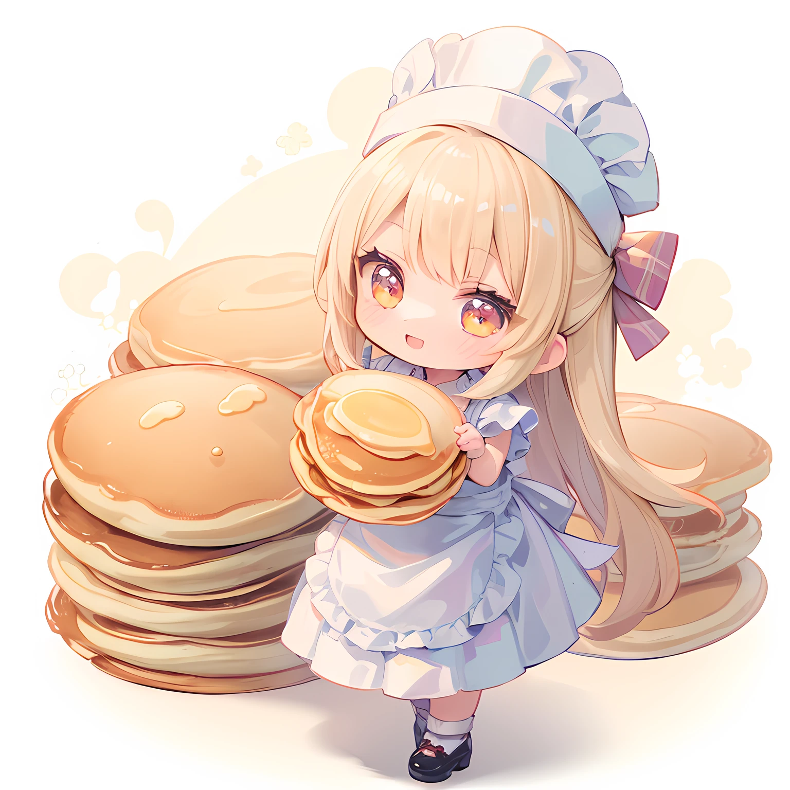 masterpiece, best quality, extremely detailed, (((a girl))), (((solo))), happy, full body, ahoge, (chef’s costume:1.1), chef’s hat, (hold a Pancake:1.3), stylish pose, (((chibi character))), (((deformed))), (kitchen background:1.2)