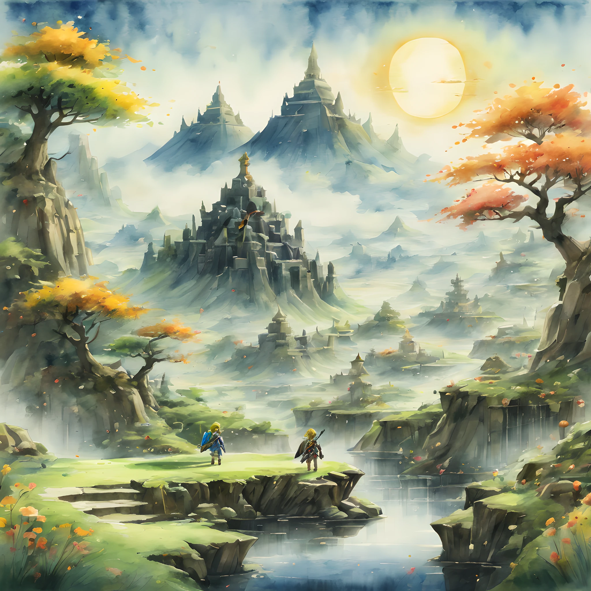 (Zelda Style Scenery:1.5), (Zelda theme:1.5), (ink and watercolor painting:1.5), (Tasteful:1.5), (ink and watercolor painting:1.5), (full color:1.5), 8k, 4k, (landscapes:1.5),