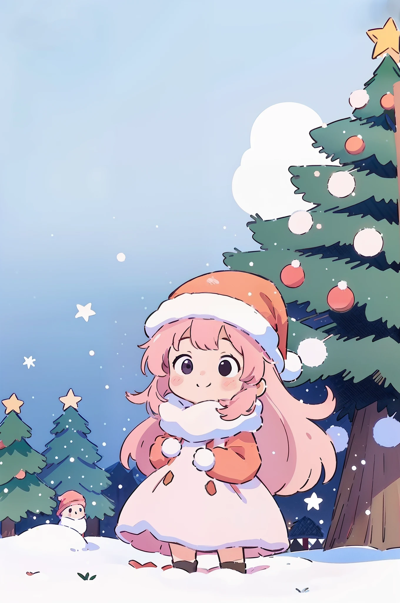 Girl, long pink hair, round face, big eyes, Christmas suit, smile, Santa hat, snow, stars, winter, park, yukito, white snow, Christmas tree, snow covered, in a panoramic, front