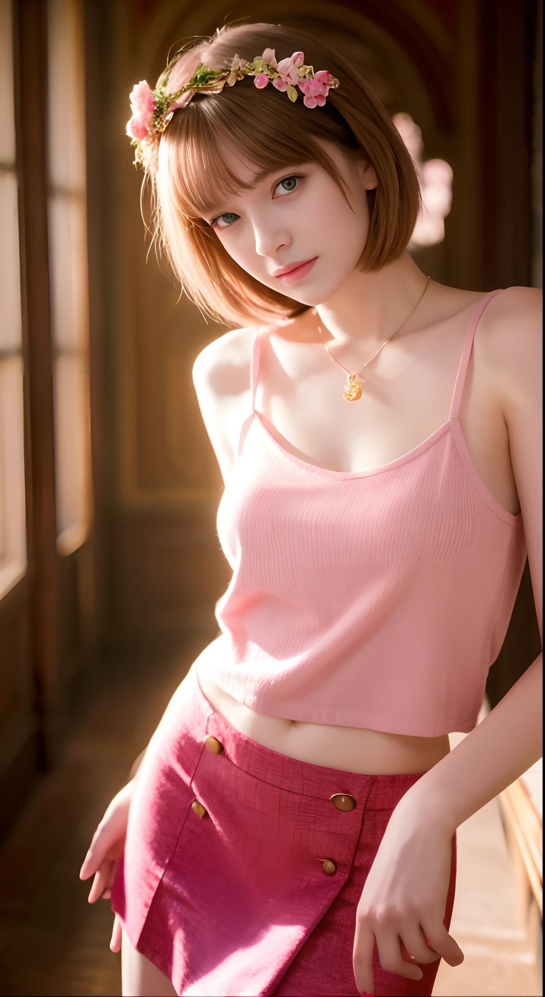 Best Quality，High-quality images，18 year old beautiful girl, masutepiece, fullbody image，Best Quality, 8K，Real Movies，Detailed fingers, Precise fingers, not unnatural hands, Illustration, 1 girl, Solo, pink bob cut, crown of gold, Flower hair ornament, Saggy eyes, Red mini skirt, PINK SHIRT，Interior of the palace of Europe，