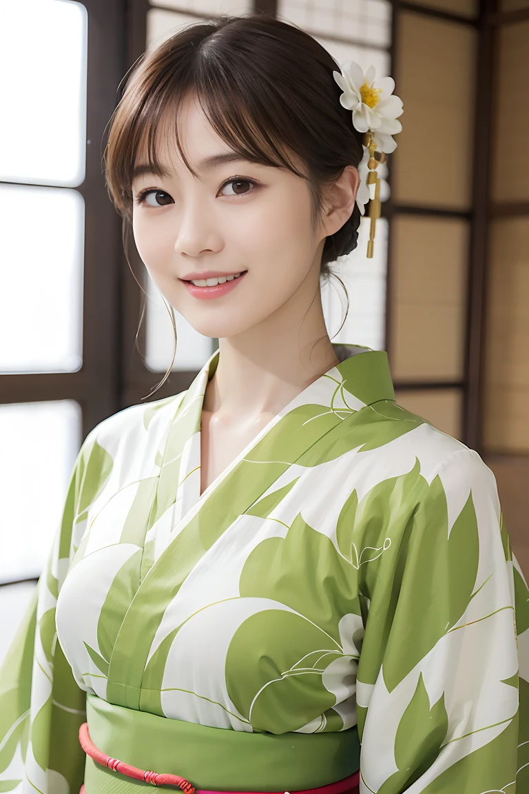 ((top-quality、​masterpiece、photographrealistic:1.4、in 8K))、beautiful japanese female１a person、２5years old、Beautiful short hair、delicate and beautiful face、Eyes and faces with detailed 、Beautiful lighting、Shy laughter、Textured skin、Super Detail、high detailing、High quality、hight resolution、(Kimono:1.3)、bangss、Colossal tits:1.2)、Face up、Slim waist、natural soft light　The best smile