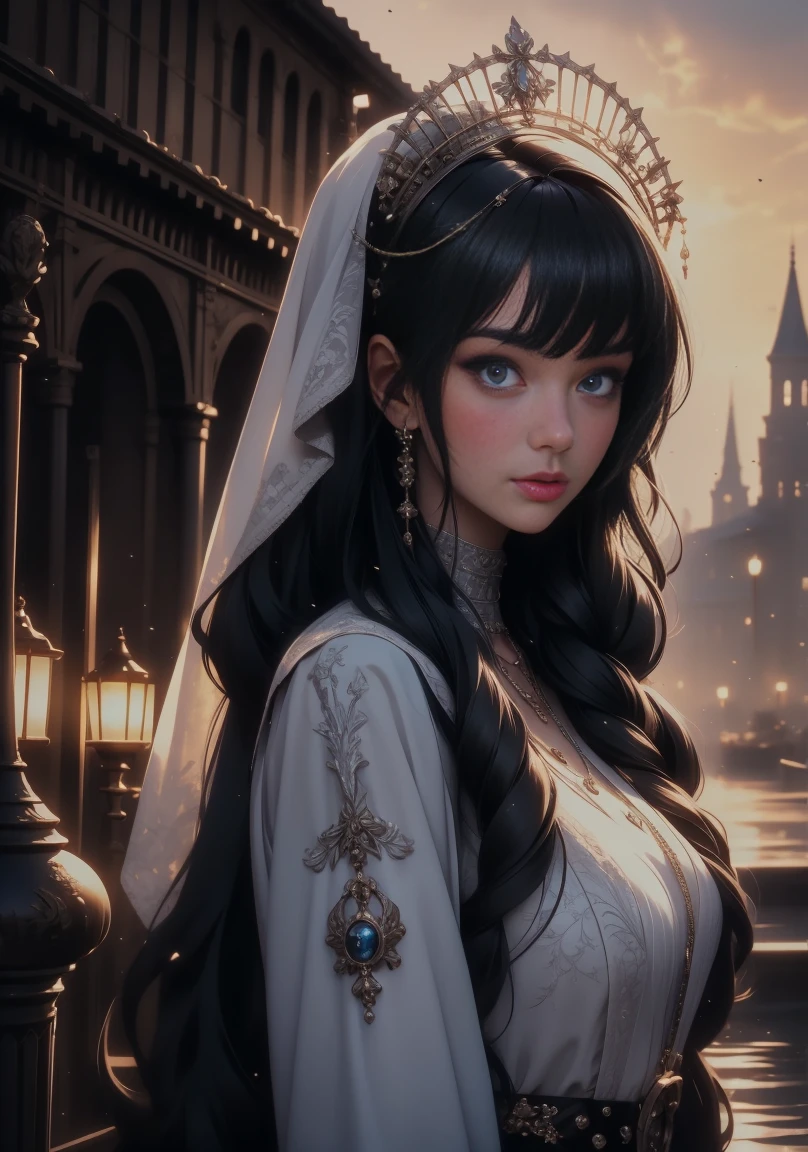 Medium shot, medium shot, depth of field, bust, upper body, cinematic angle, masterpiece, best quality, super detailed, CG, 8K wallpaper, pretty face, delicate eyes, a maiden, solo, white long hair, yellow eyes, hairpin, white shirt, black hooded jacket, black baseball cap, black stockings, black over-the-knee boots, sunset, medieval port, harbor, detailed water surface, sun reflection