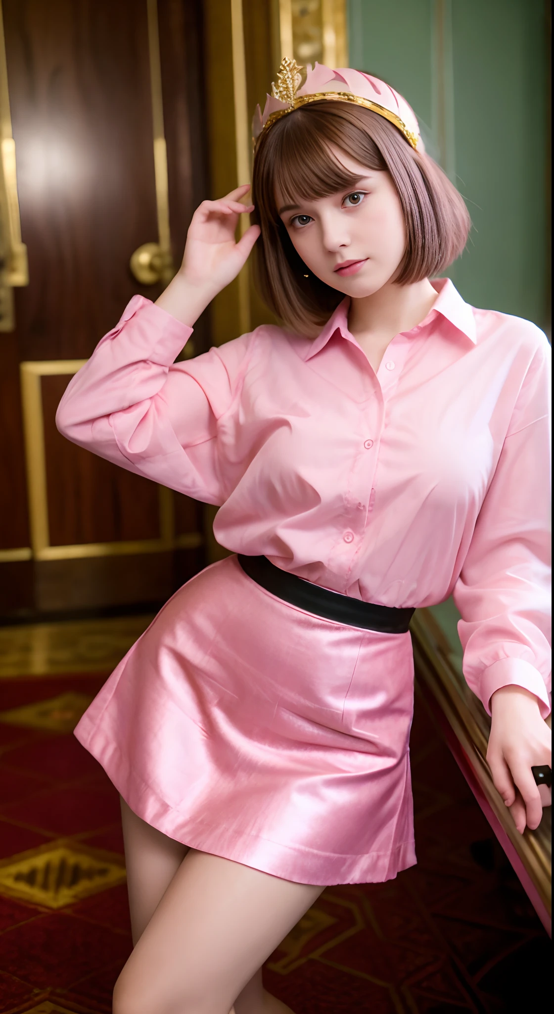 Best Quality，High-quality images，18 year old beautiful girl, masutepiece, fullbody image，Best Quality, 8K，Real Movies，Detailed fingers, Precise fingers, not unnatural hands, Illustration, 1 girl, Solo, pink bob cut, crown of gold, Flower hair ornament, Saggy eyes, Red mini skirt, PINK SHIRT，Interior of the palace of Europe，