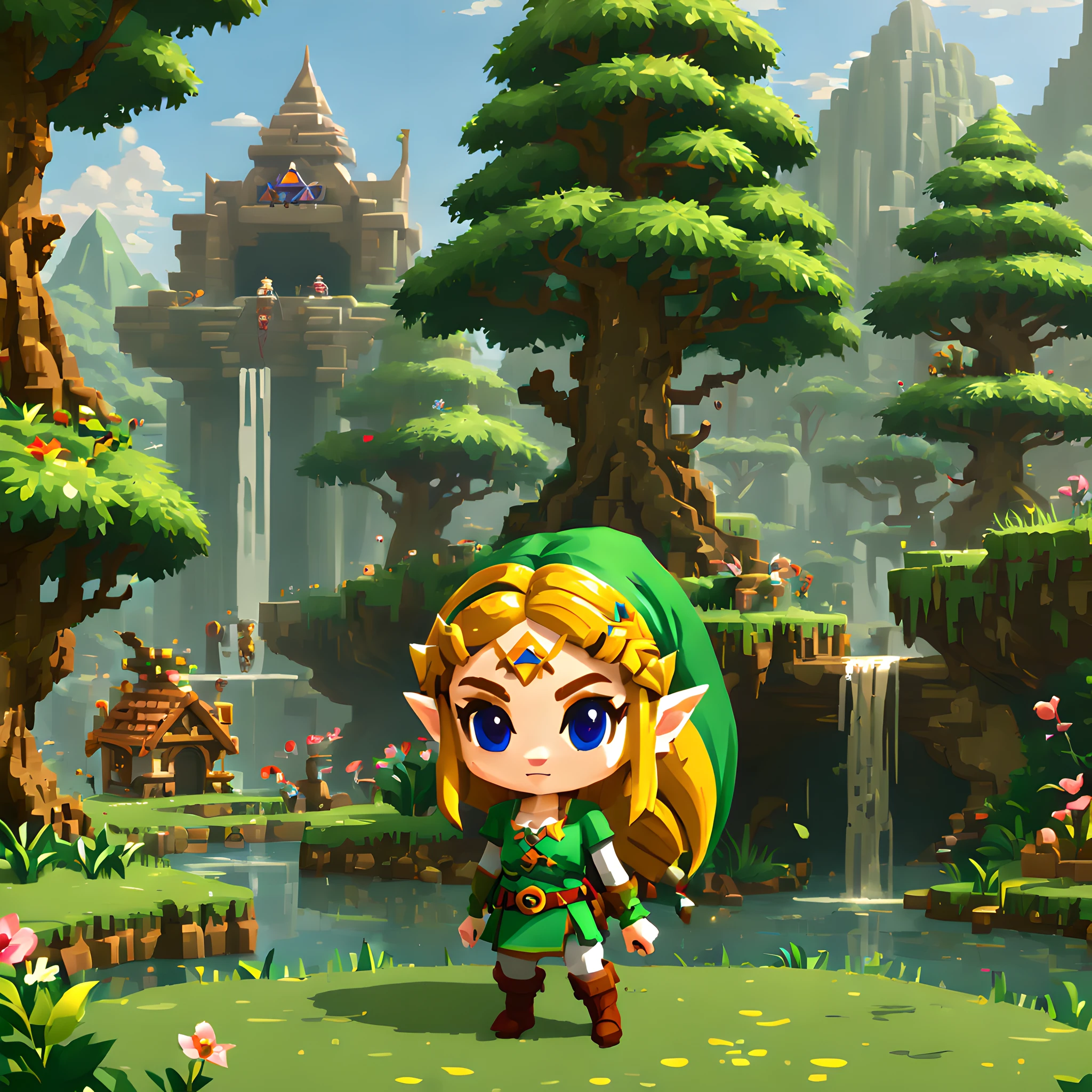 (Pixel art:1.5), (pixel theme:1.5), (chibi emote:1.5), (chibi character:1.5),(fantasy:1.5), (Inspiration from Zelda:1.5), (Zelda theme:1.5), (Zelda Style Scenery:1.5),(scenely:1.5),