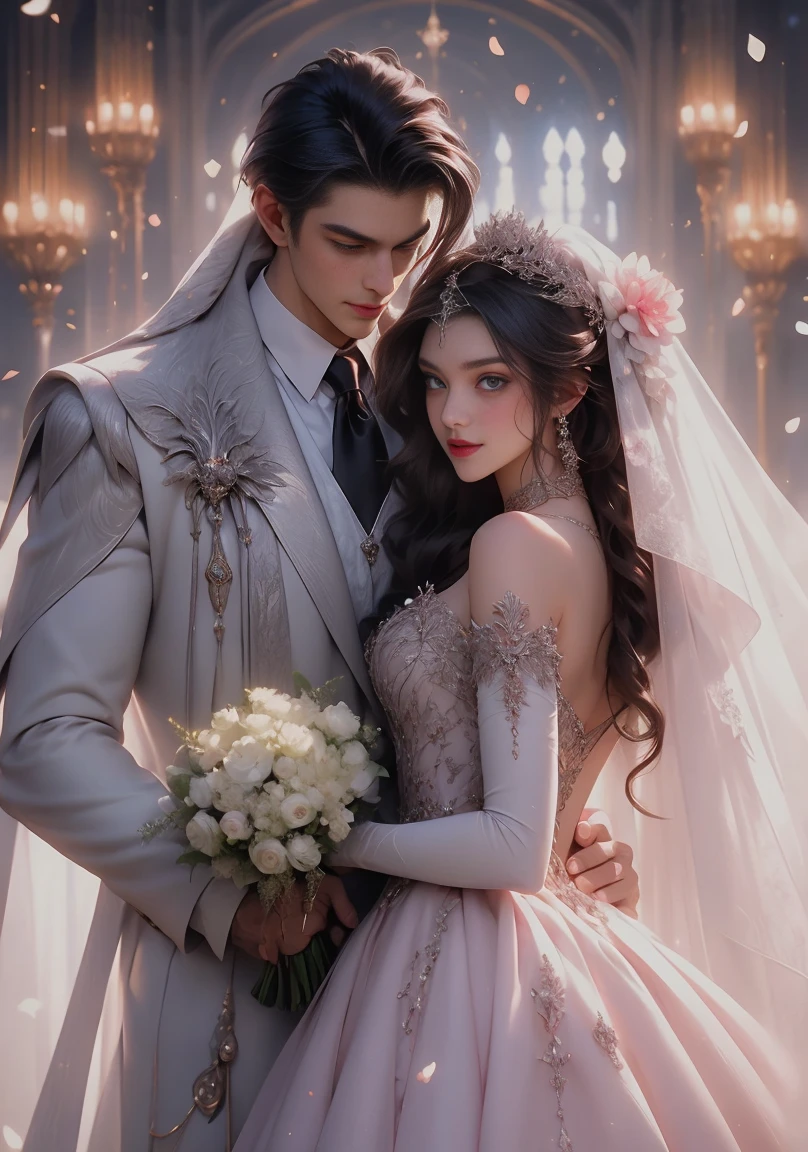 1girl, 1boy, dress, brown hair, wedding dress, jacket, hetero, necktie, couple, smile, strapless dress, closed eyes, pants, strapless, veil, flower, long hair, holding, jewelry, gloves, shirt, necklace, bouquet, white pants, holding bouquet, white dress, blue eyes, white shirt, open jacket, holding hands, elbow gloves, white gloves, white jacket, pink necktie, bridal veil, white background, wedding, husband and wife, long sleeves, long dress, pink flower, floating hair, short hair, standing, open clothes, collarbone, sleeveless