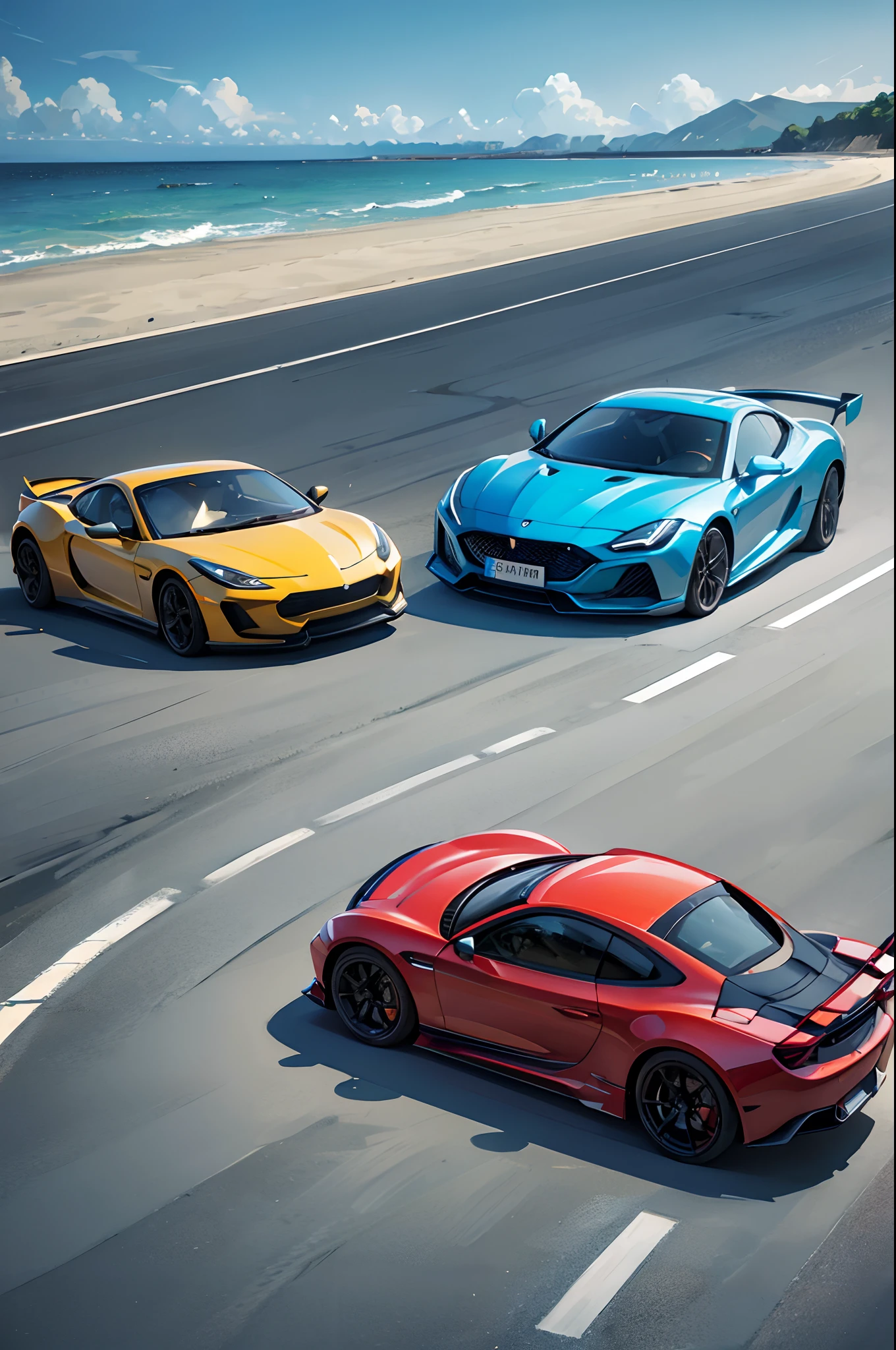 sports cars，k hd，Seaside road，professional photoshooting