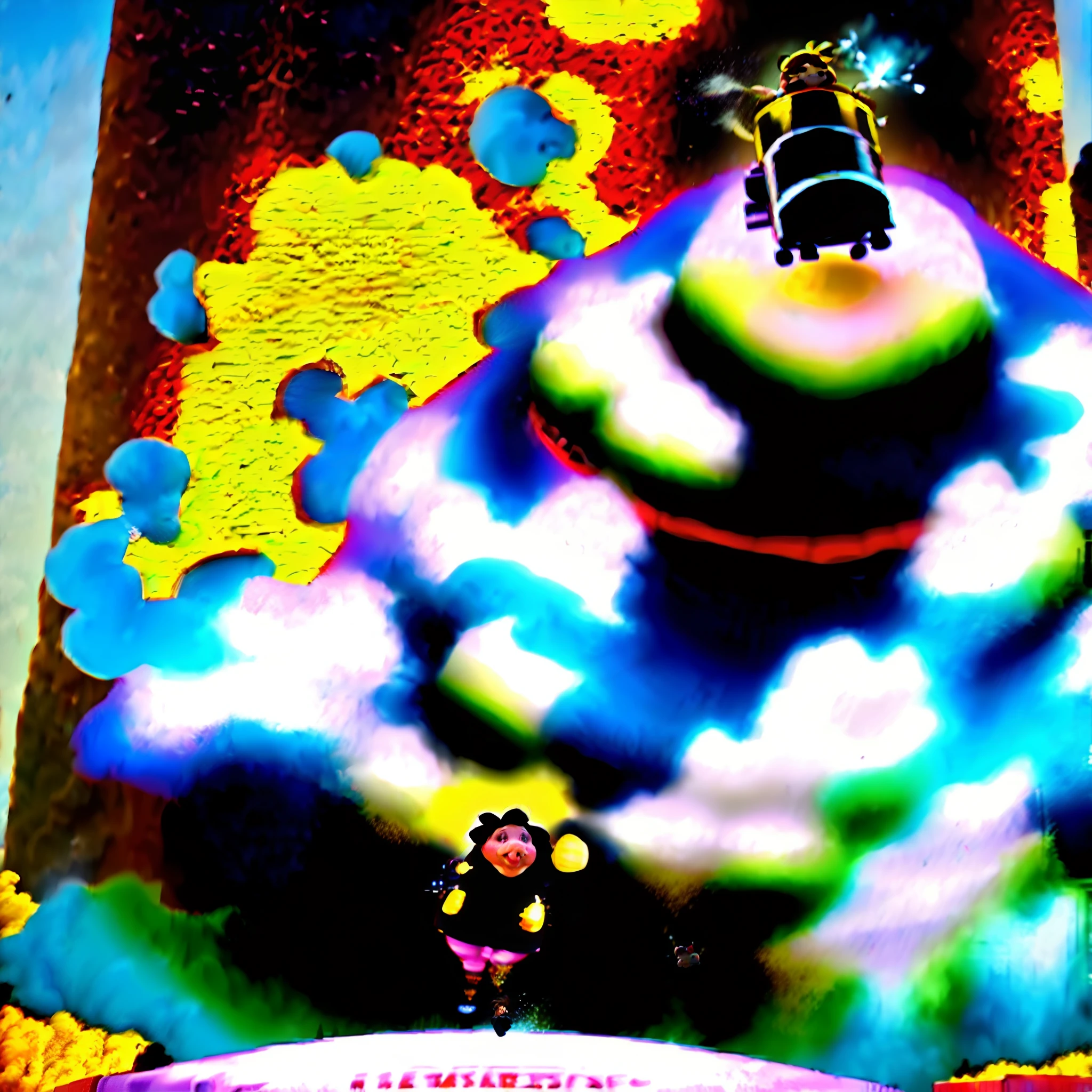 create a movie poster for pigs fly, overweight girl get launched out of a cannon, holding cake, Disney Pixar movie style - ar 9:16