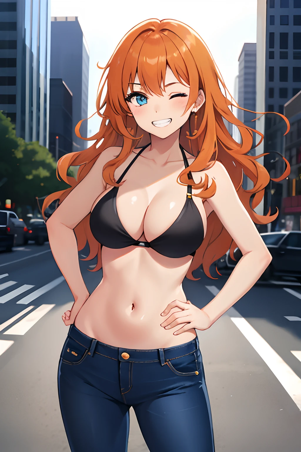 one girl, long wavy hair, orange hair, dark blue eyes,(one eye closed),big breasts,(seductive smile,clenched teeth),black bikini top only,denim jeans,(hands on hip),city,pov from front,shining body,solo focus