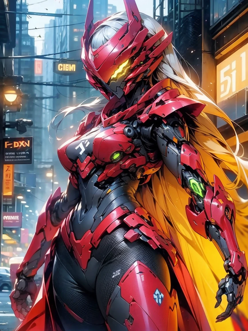 (masterpiece,best quality: 1.2),(ultra-detailed face),(no headgear),Her armor glows red as the neon city lights dance across its mechanical surface. Intricate cybernetics empower her movement with inhuman speed and strength. She strides silently through theLower Sectors, the alleyways bathed in the crimson radiance of her futuristic suit. In her grip is an energized longsword, its edges humming with plasma, ready to dispense justice. She is the guardian that watches over this city, though few know her name. Criminals whisper rumors of the Crimson Knight, a cybernetically enhanced warrior sworn to protect the innocent. They speak of her inhuman reflexes and her blazing sword that cuts through any defense. How she appears from the shadows, a blur of red bringing swift judgment. Tonight her sensors have detected injustice brewing once more in these lawless streets. As the city sleeps, she alone stands vigilant, a silent sentinel keeping watch. Her cybernetic systems begin to target threats as she prepares to fight for those who cannot defend themselves. The Crimson Knight is ready, and justice will be dealt swiftly tonight.