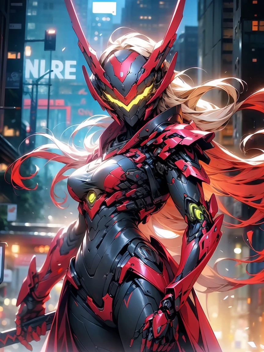 (masterpiece,best quality: 1.2),(ultra-detailed face),(no headgear),Her armor glows red as the neon city lights dance across its mechanical surface. Intricate cybernetics empower her movement with inhuman speed and strength. She strides silently through theLower Sectors, the alleyways bathed in the crimson radiance of her futuristic suit. In her grip is an energized longsword, its edges humming with plasma, ready to dispense justice. She is the guardian that watches over this city, though few know her name. Criminals whisper rumors of the Crimson Knight, a cybernetically enhanced warrior sworn to protect the innocent. They speak of her inhuman reflexes and her blazing sword that cuts through any defense. How she appears from the shadows, a blur of red bringing swift judgment. Tonight her sensors have detected injustice brewing once more in these lawless streets. As the city sleeps, she alone stands vigilant, a silent sentinel keeping watch. Her cybernetic systems begin to target threats as she prepares to fight for those who cannot defend themselves. The Crimson Knight is ready, and justice will be dealt swiftly tonight.