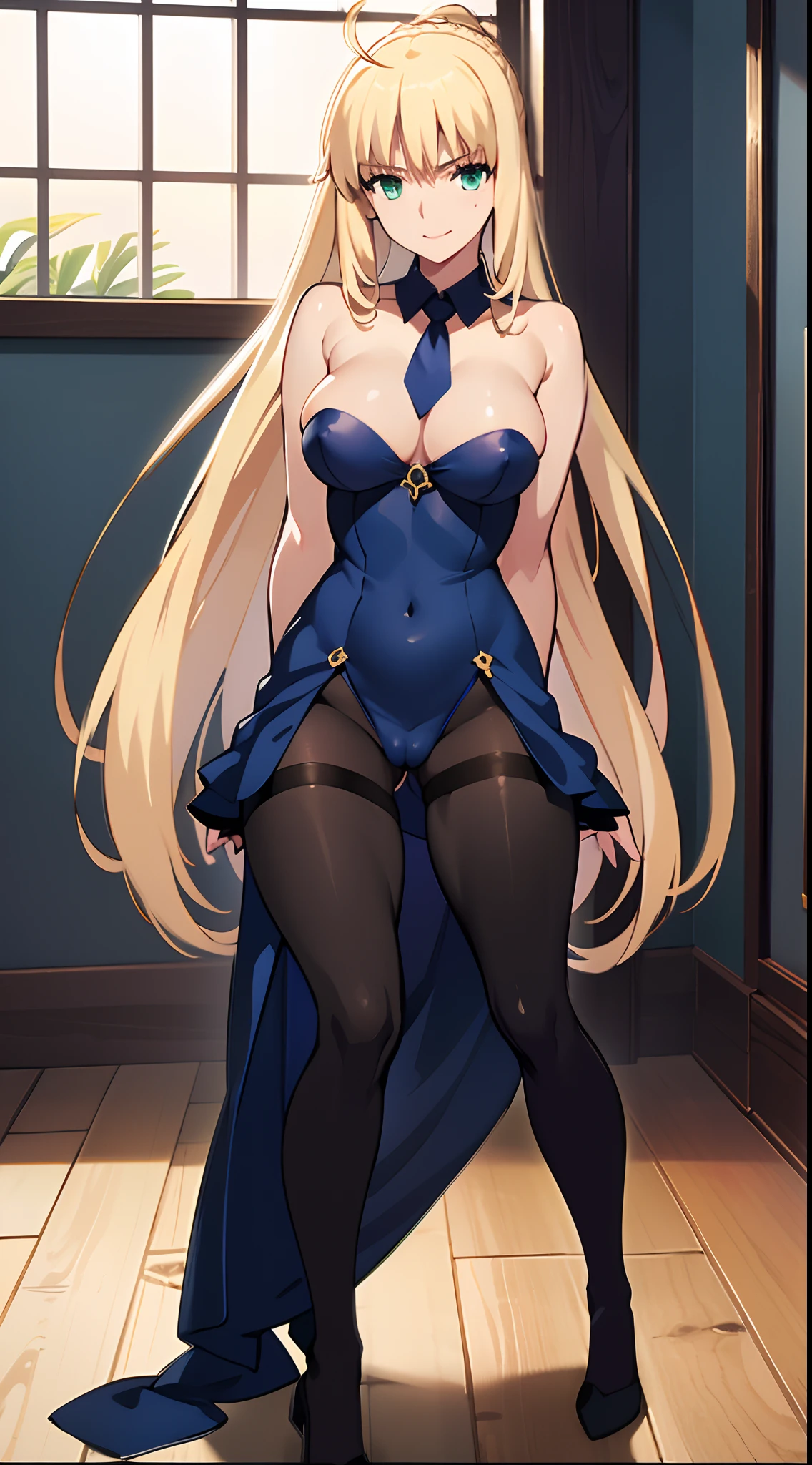 NSFW、(Best Quality, masutepiece, 超A high resolution,Photorealsitic、Official art,top-quality、Beautiful CG,)masturbation, Sunny Beach、artoria、Erotic body、Smile embarrassedly、Sleeveless、Colossal tits、neck tie、tights、