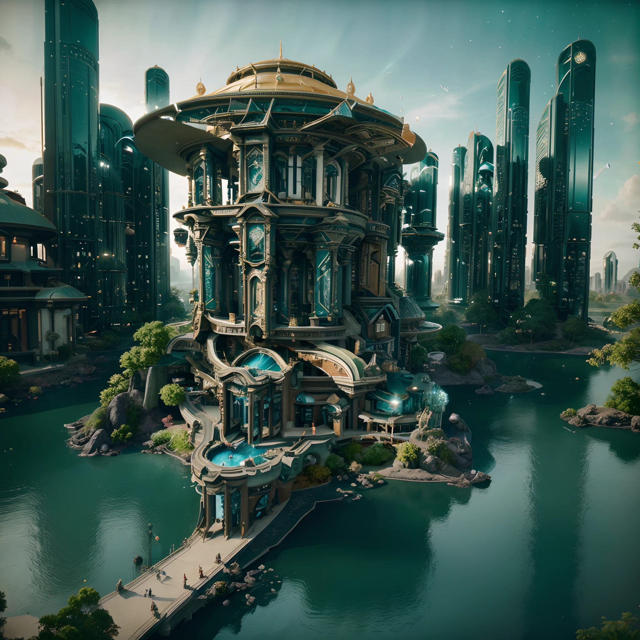 In an enchanting sci-fi realm, envision a two-dimensional landscape unveiling a futuristic luxury college. Explore three distinct environments: a sprawling desert, a vibrant rainforest, and a celestial planetary sky.
Begin in the vast desert, where golden sands stretch into the horizon, cloaked in silence and mystery. Amid this arid expanse rises a magnificent city school complex, intricately designed with futuristic architecture. A fountain atop the complex spouts water into the sunlight, casting dazzling reflections.
Transition to the rainforest behind the luxury buildings. Here, towering trees intermingle with colorful flowers, and coconut trees sway in the gentle breeze. Witness alien corals growing on trees, infusing an element of fantasy and otherworldliness into this magical rainforest.
Finally, immerse yourself in the planetary sky environment. Beneath the vast starry expanse, a celestial ring encircles the scene. Colorful clouds drift, forming intricate patterns, while white auroras dance among the stars, casting a mesmerizing glow.
The entire depiction is meticulously crafted using advanced ray-tracing techniques, ensuring unparalleled detail. Each element contributes to the perfect composition and sci-fi complexity of this CG-rendered masterpiece, offering viewers a grand, visually impactful journey into a magnificent sci-fi world.