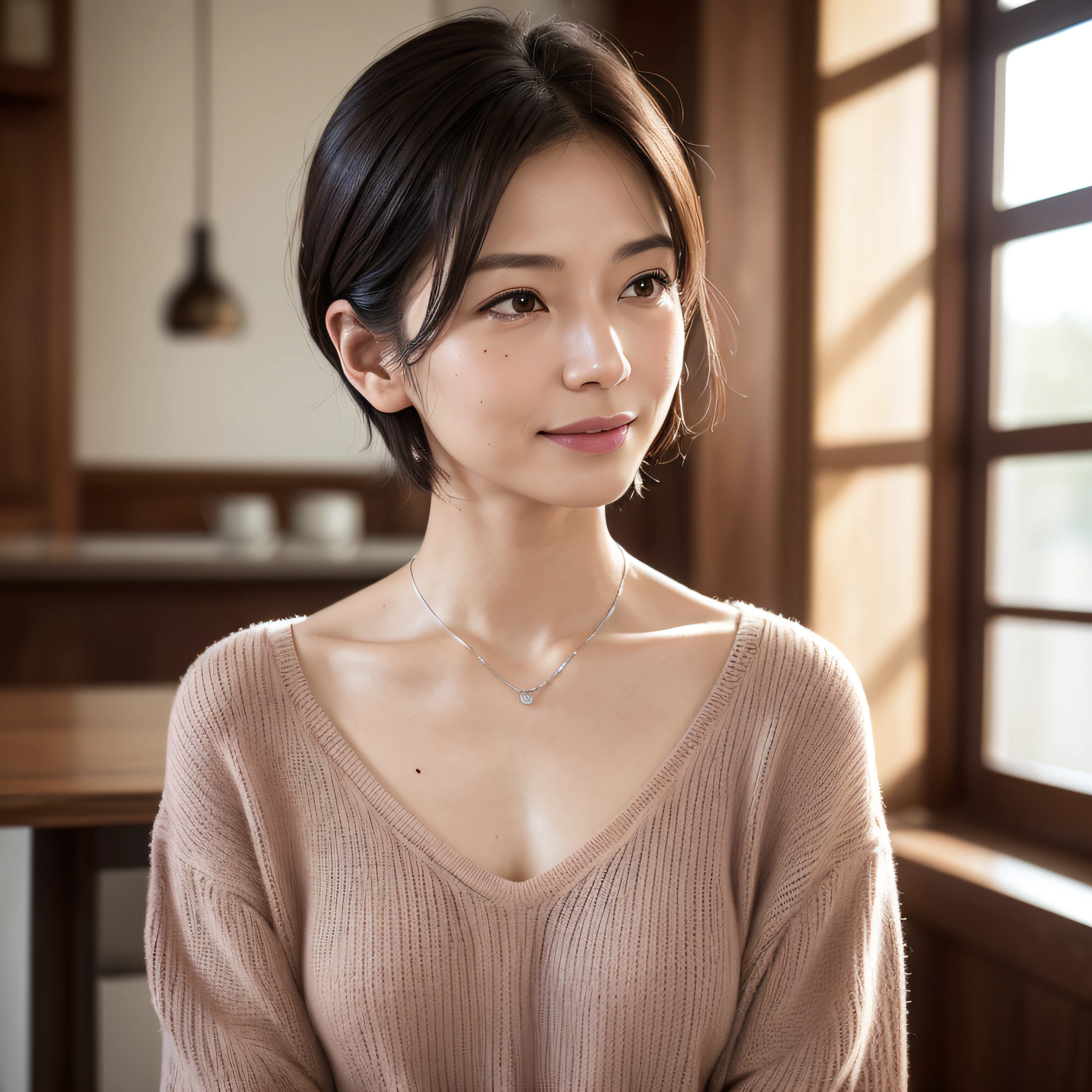 (8K, top-quality, ​masterpiece:1.3, 超A high resolution, A hyper-realistic), High Detail, (Face like the real thing), Photorealsitic, Raw foto, ((one beautiful women)), Detailed face, beautidful eyes, realisticeyes, Eyes in Beautiful Details, (real looking skin), Beautiful skins, enticing, depth of fields, hight resolution, High pixel count, ((Sideways face, Looking away, Don't look your audience in the eye, Don't look at the camera)), fashionable cafe, The background is also in the picture, clear details, sharp photo, Natural color reproduction, Noise Reduction, High fidelity, Small pendant in silver color, A small necklace in silver color, (Wine-colored light knit U-neck shirt, Neat and clean clothing, Clothing that makes it difficult to see the chest, Clothing that makes it difficult to see the chest, Clothes with hidden breasts), small tits, Sexy lips, Ears are visible, a smile, kindly smile, Beautiful skins, enticing, the golden ratio, (Detal Face:1.2), profetional lighting, Lighting the face, best light, japanes, A Japanese Lady, Japan Mature Woman, a matural female, Short Bob Hair, ((sixty years old, Beautiful, Wrinkles on the face, Wrinkles at the corners of the eyes, Nasolabial fold wrinkles, Small wrinkles, Beautiful, Beautiful Aunt, Moderate moles, Small mole on the face))