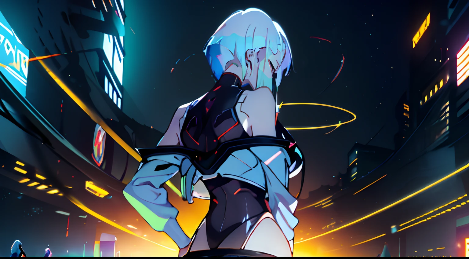 in full height, Beautiful figure, Lucy from the anime series Cyberpunk Edge Runner, a 1girl, facing the viewer, Beautiful figure (Proper Anatopy 1.1.), in full height (Body Full 1.1), Anime style, white colored hair, white colored hair, that disappear at the ends, Bob hairstyle, short white jacket, tight black suit, Cutouts on the shoulders, Cutouts on the chest, Neckline at the waist, Very sexy ass, Odin, Only one girl, in full height (Body Full 1.1), Tall android girl, small elastic breasts, Little ass, Glitter Head Mask, Hair is gathered in a braid, Beautiful slim figure, small buttocks, A braid around the head, Round braid, Red Star in the Forehead, Short Brown Jacket, black tight suit, darkly，gris & Dark Style：1.1), Light, femininity，tmasterpiece，beste-Qualit，higly detailed，Visible to the feet， 8K resolution， High Sharp， 8K resolution， higly detailed， 8K UHD， Professional lighting， Photon mapping，physical based rendering， a perfect face， detailed face and body， ray traced， expressive look， Cinmatic Lighting，elastic small breasts, Heightened sexuality，