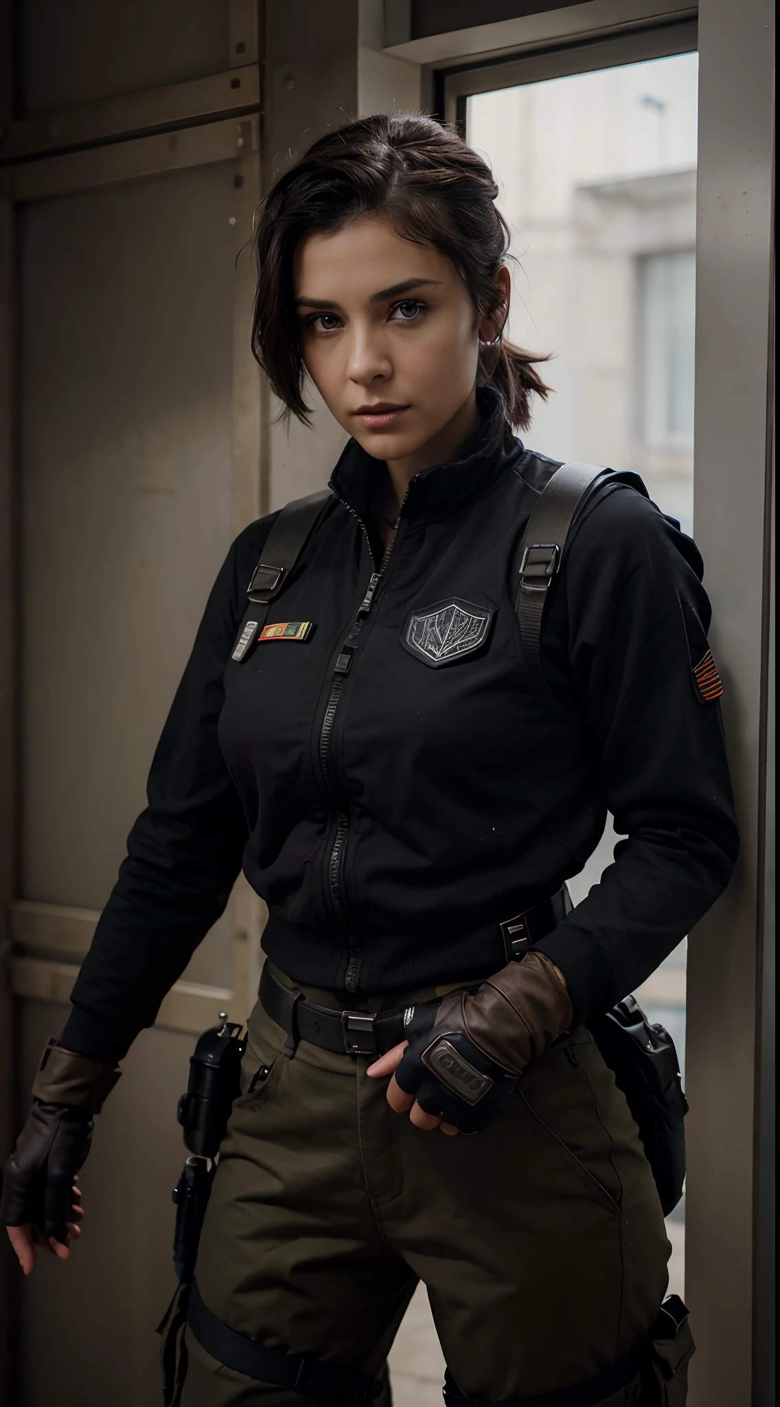 1 woman, beautiful eyes, purple eyes, blackish brown hair, wolfcut hairstyle, back hair tied, wearing black clothes combined with gloves, wearing a military vest, wear a helmet; mohawk mk2 battery pouch, wearing army trousers, kneepads, wearing gloves; visible fingers, looking ahead, soilder {{Call Of Duty Style, 3D, HD, wallpaper, high resolution, not blurry}}