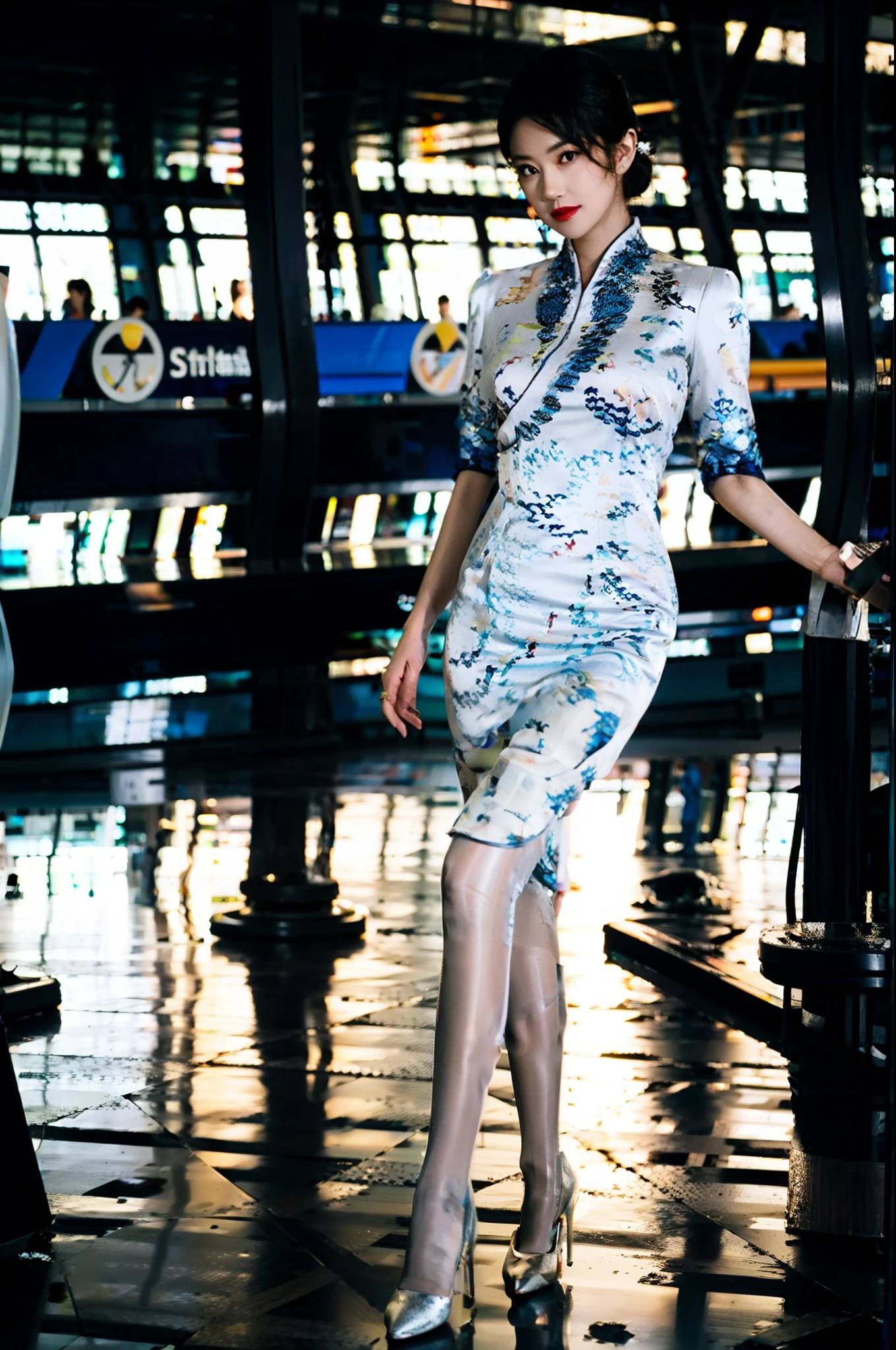 Stiletto heels,Single ball hairstyle,Heavy makeup,Redlip,White skin,mature,,full bodyesbian,very Bigger breasts,Long legs,You can see the whole body,Ultra-thin flesh-colored pantyhose,in the airport,standing on your feet,The legs are long,In the daytime,and the sun was shining brightly,Flight attendant cheongsam uniform