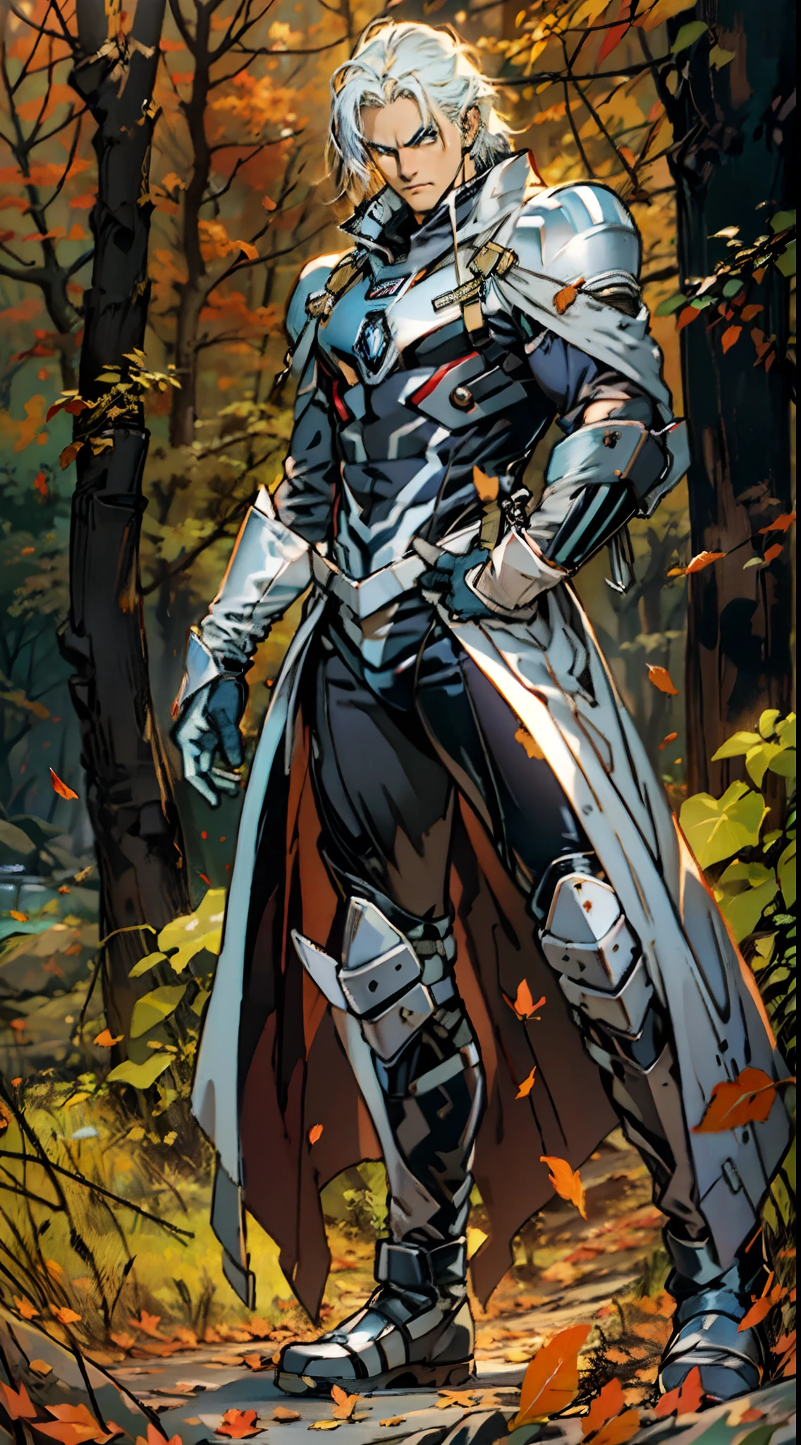 A middle-aged man, long platinum-blond hair, neatly combed hair, a square face, a serious expression, sharp eyes, tall figure, a dark fantasy-realistic style bodysuit, short sleeve, a silver-white chestplate, gloves with metal accessories, three metal blades extending from the gloves, tight-fitting pants that match the bodysuit, silver-white metal shin guards, boots, the background is a mountain forest at night, with falling leaves, this character embodies a finely crafted fantasy-realistic style assassin in anime style, characterized by an exquisite and mature manga illustration art style, high definition, best quality, highres, ultra-detailed, ultra-fine painting, extremely delicate, professional, anatomically correct, symmetrical face, extremely detailed eyes and face, high quality eyes, creativity, RAW photo, UHD, 8k, Natural light, cinematic lighting, masterpiece-anatomy-perfect, masterpiece:1.5