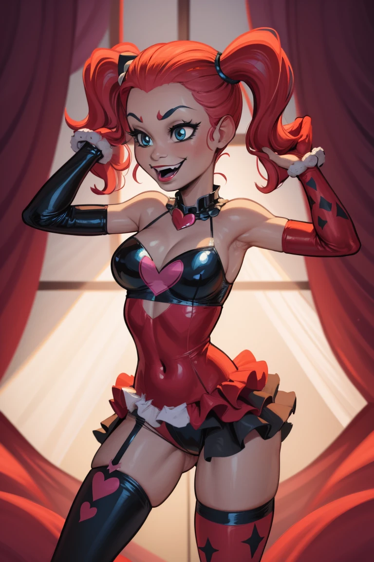 Pinkie Pie as Harley Quinn, red and black costume, halloween pumpkins, thighs, sexy, twintails,harley quinn costume, jester costume, pinkie pie, mlppinkiepie